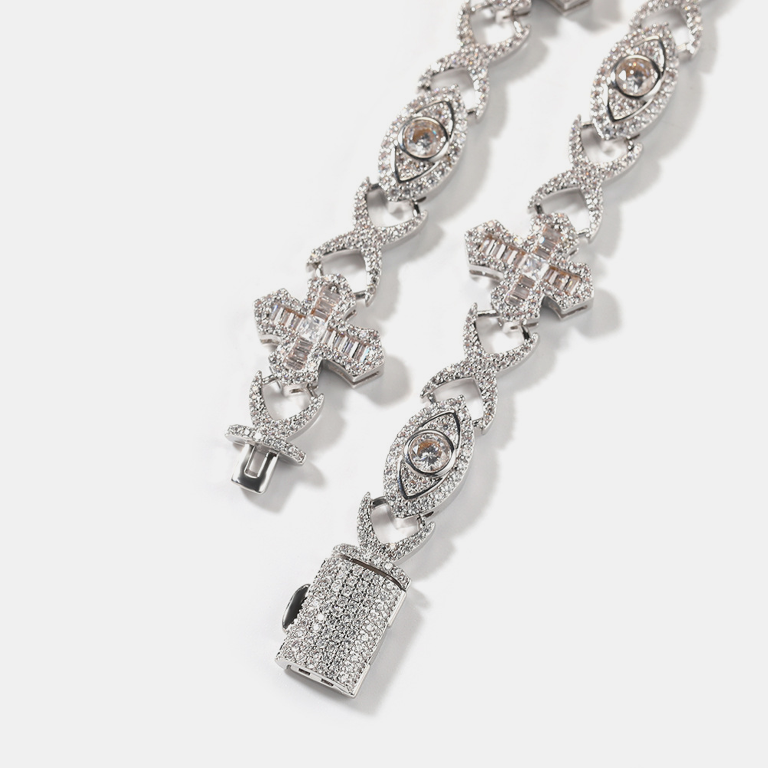 Evil Eye Cross Link Bracelet - White Gold