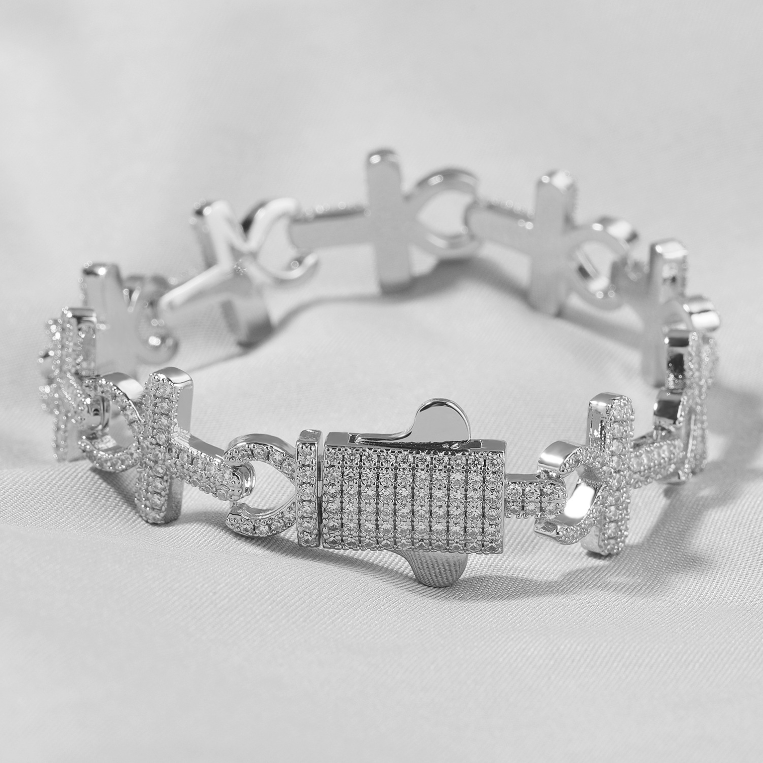 15mm Iced Ankh Cross Bracelet - White Gold