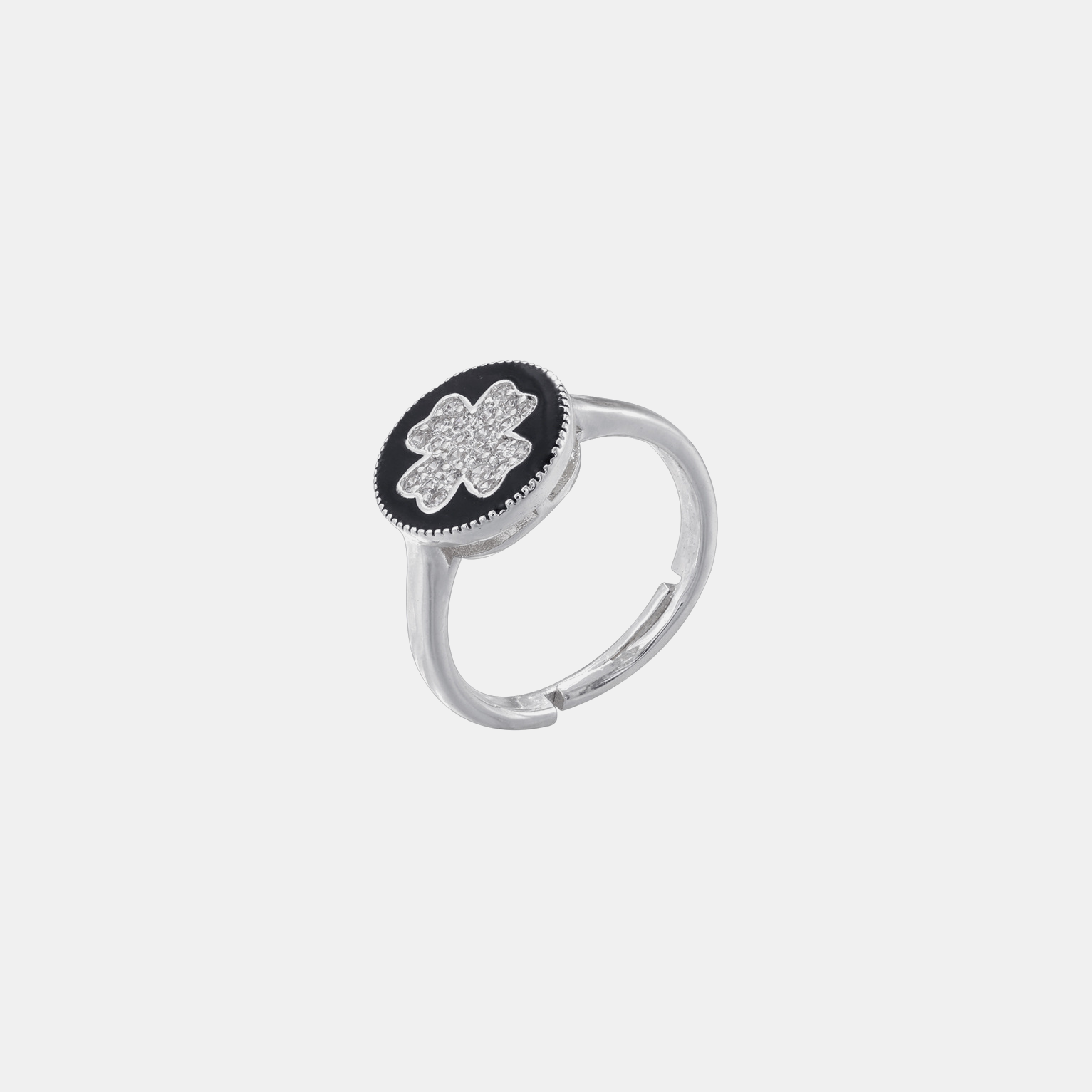 Clover Enamel Ring (Open Cuff) - Black & White Gold