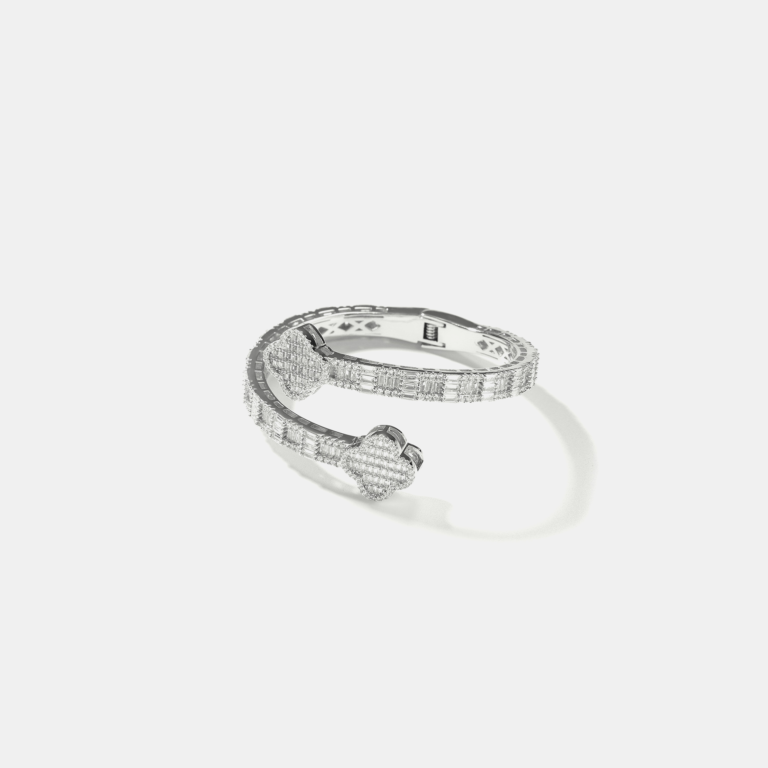 Iced Clover Baguette Bangle - White Gold