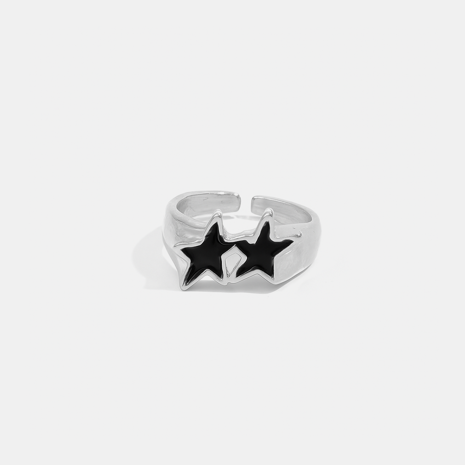 Double Star Enamel Ring (Open Cuff) - Black