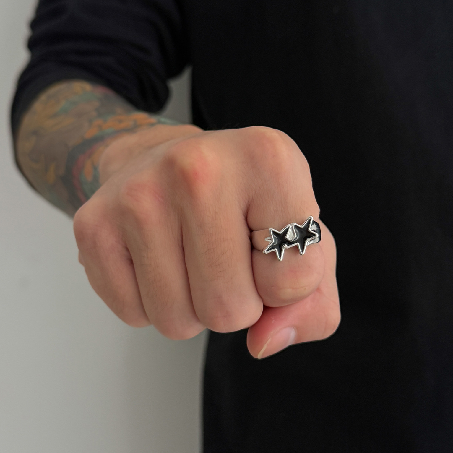 Double Star Enamel Ring (Open Cuff) - Black