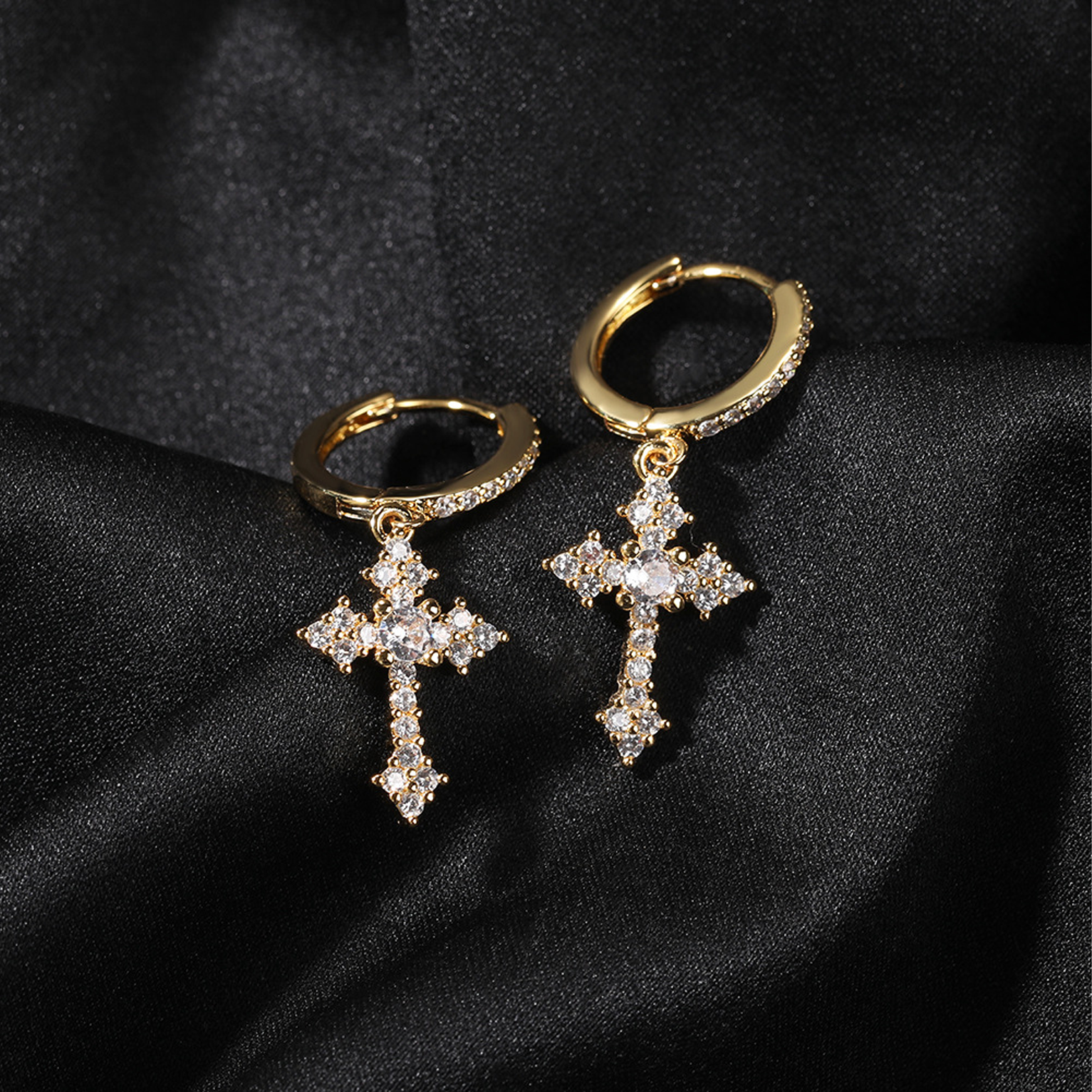 Iced Cross Earrings - Gold
