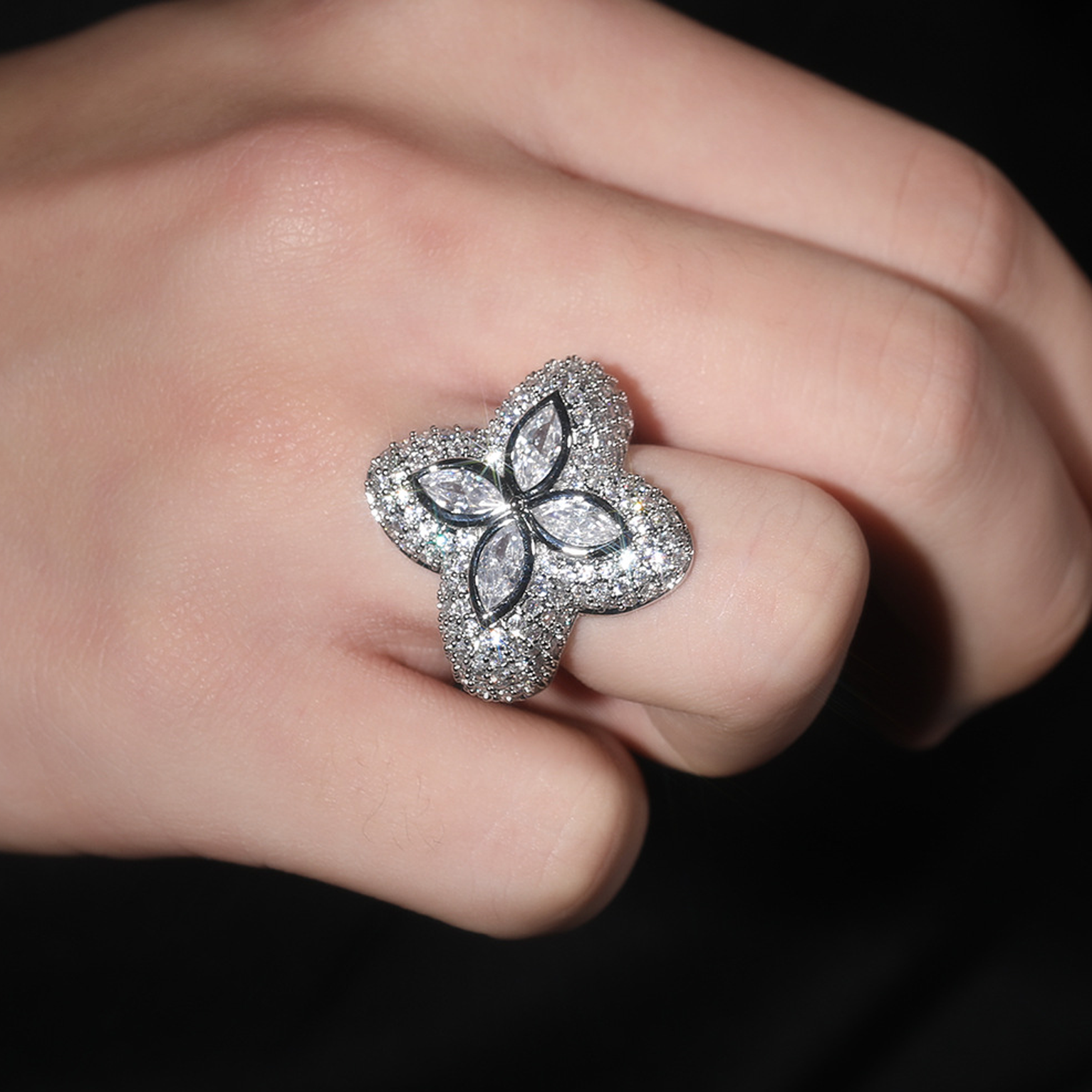 Iced Clover Ring - White Gold