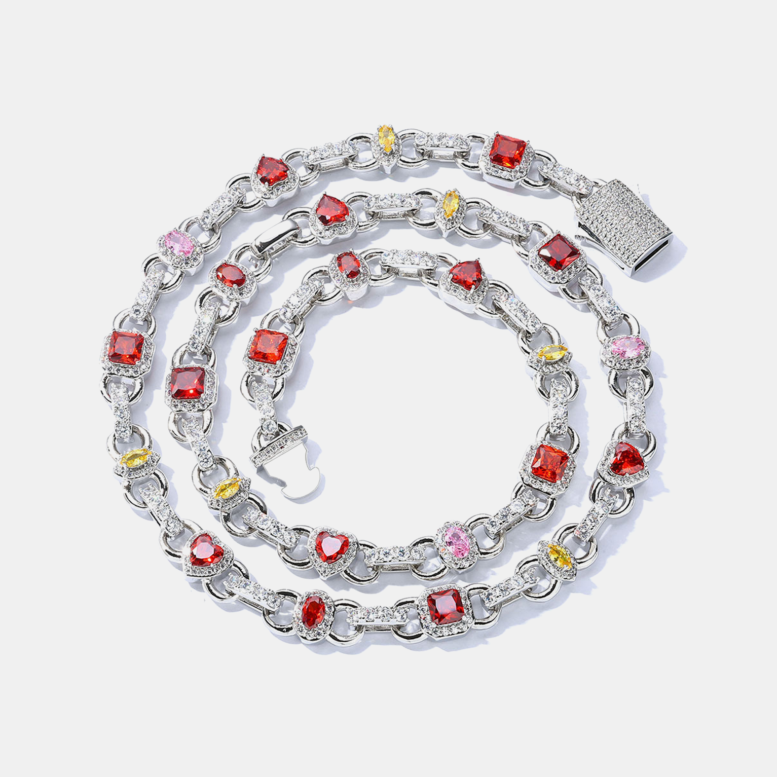 10mm Multi Gemstone Icy Link Chain - White Gold