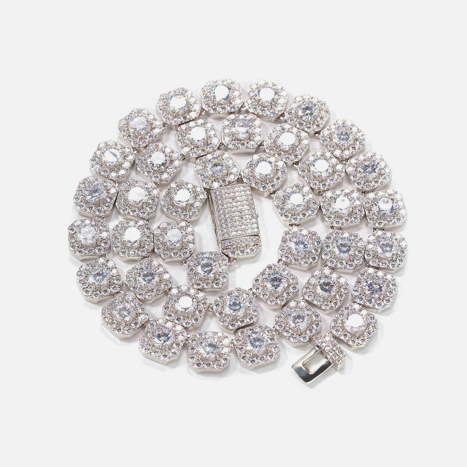 13mm Iced Cluster Tennis Link Chain - White Gold