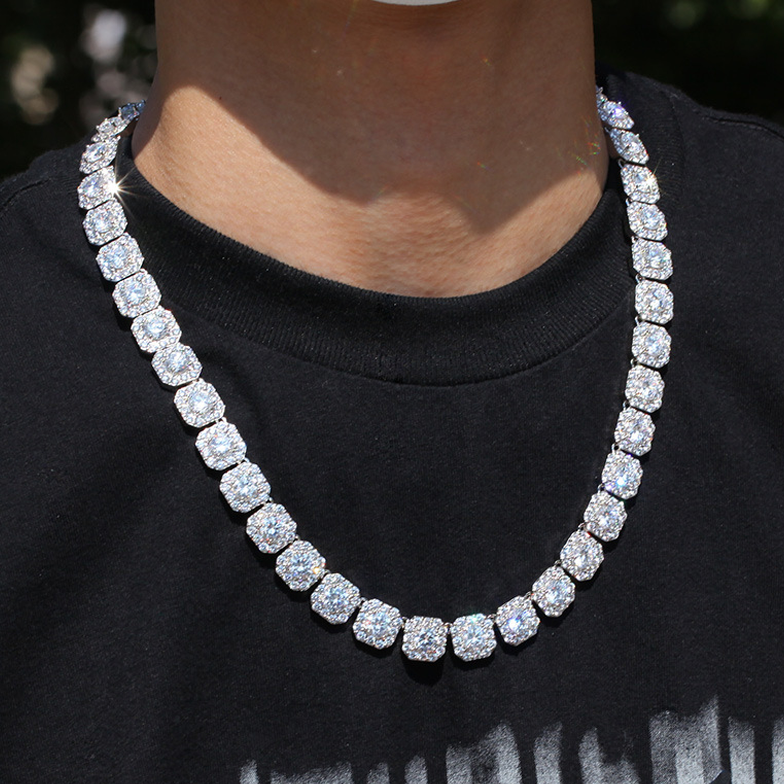 13mm Iced Cluster Tennis Link Chain - White Gold