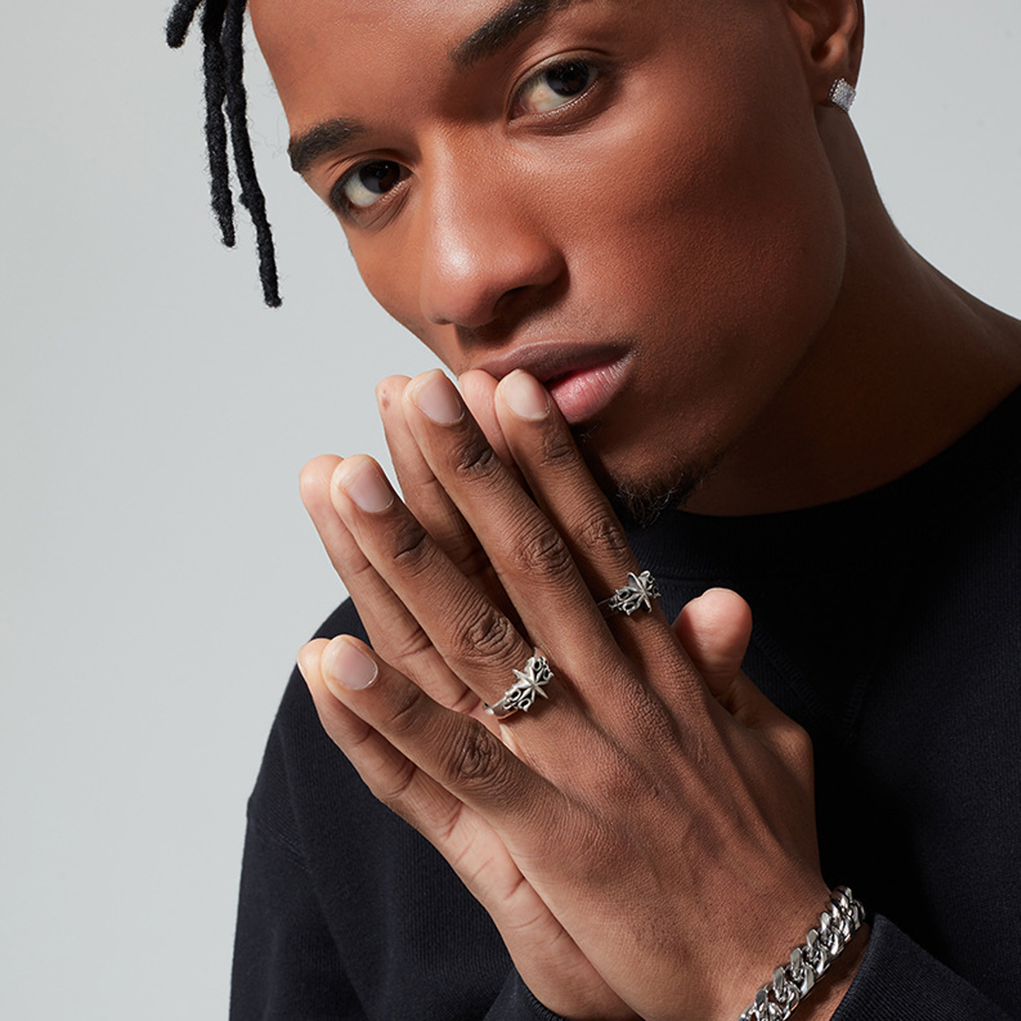 Hexa Star Ring (Open Cuff) - White Gold