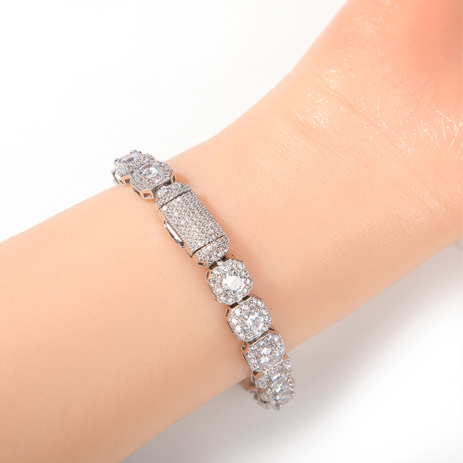 9mm Iced Cluster Tennis Link Bracelet - White Gold