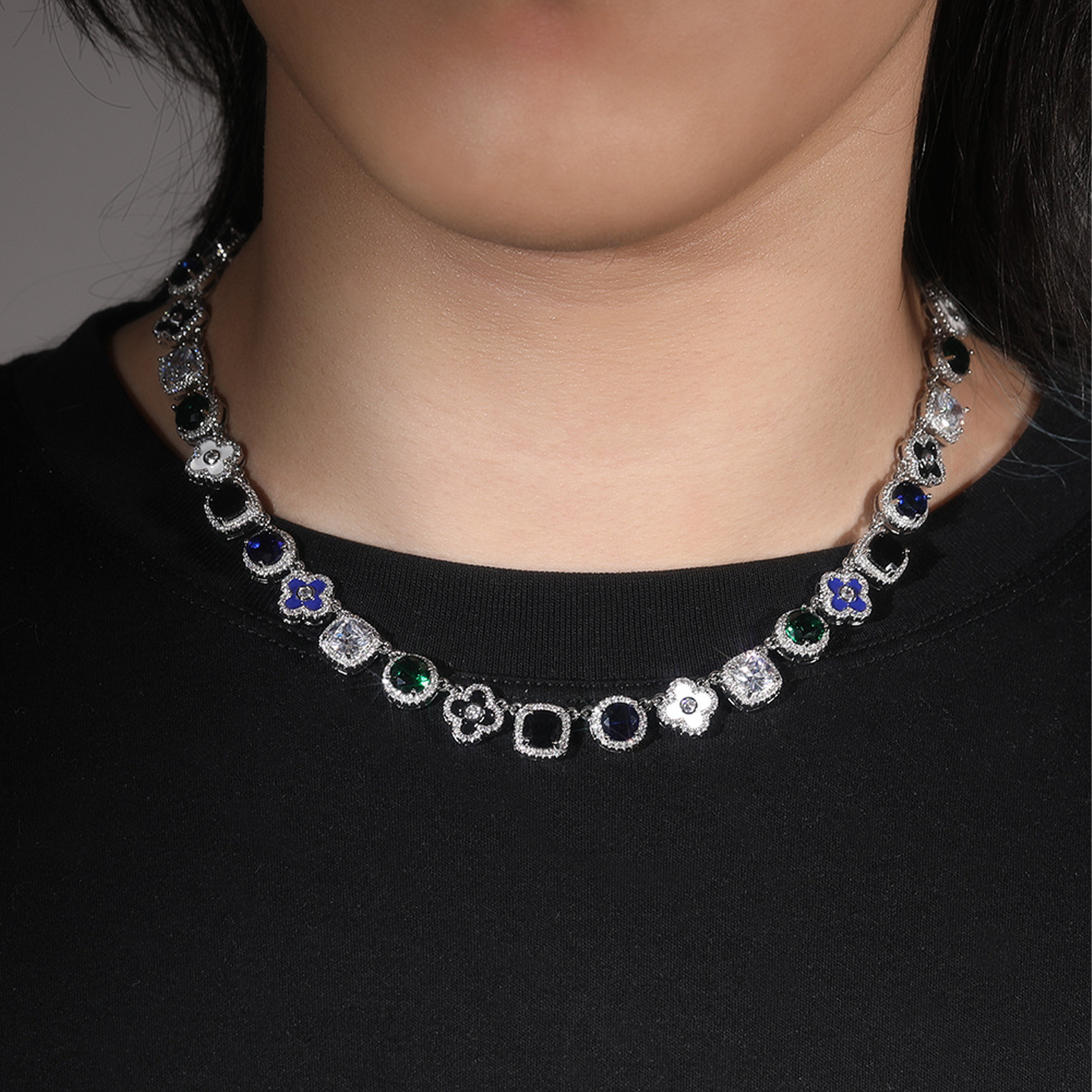 Icy Multi Gemstone Bloom Drip Necklace - White Gold