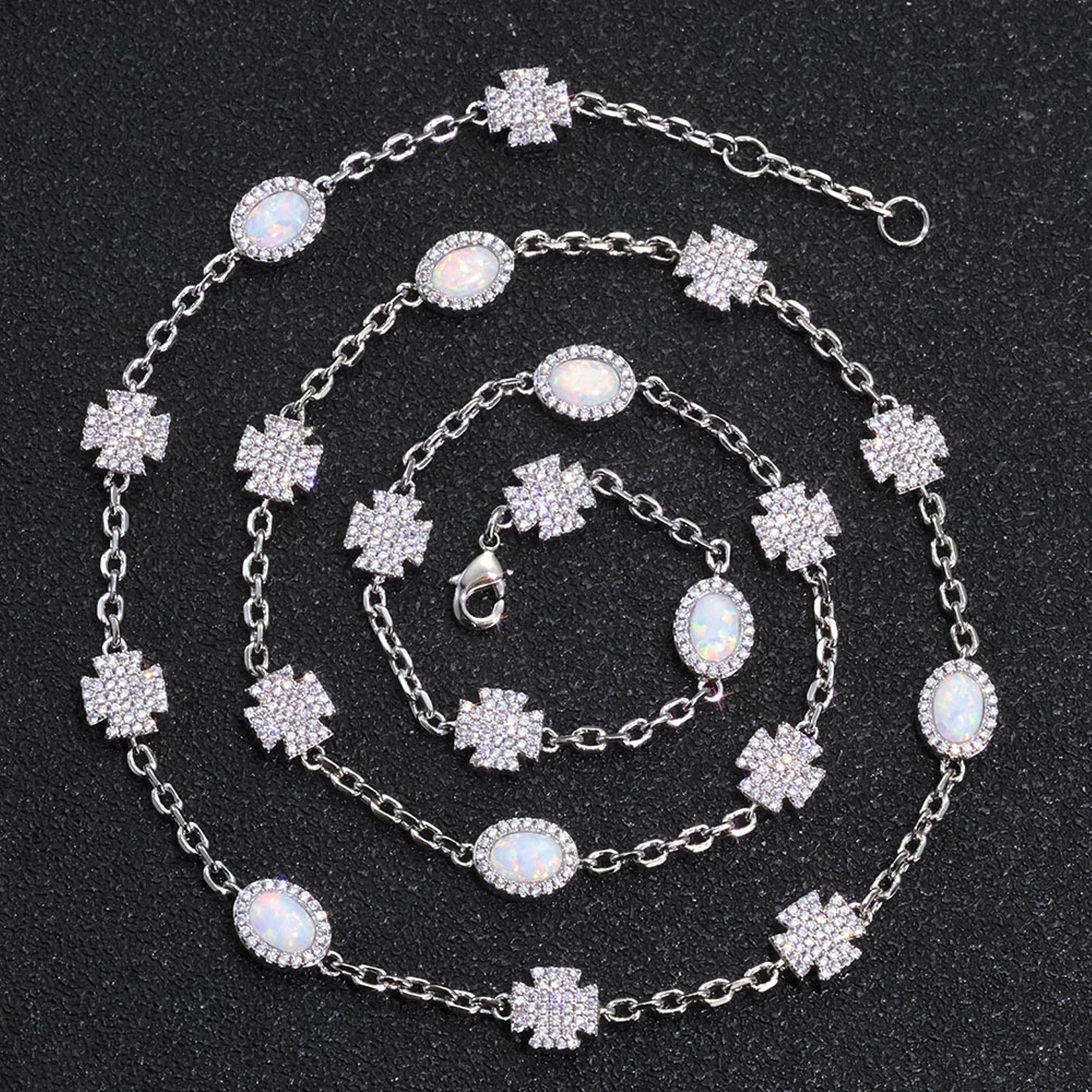 Cross Halo Pearl Link Chain - White Gold