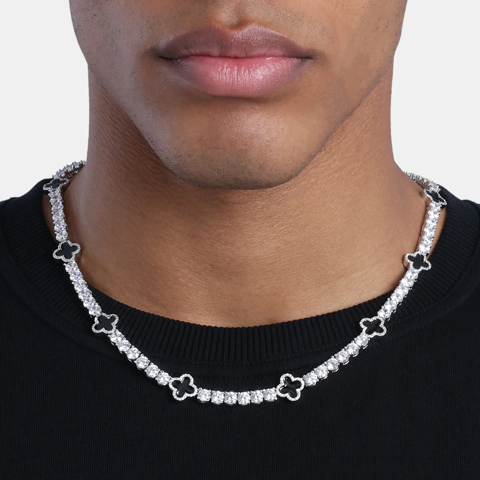 8mm Clover Tennis Link Chain - White Gold