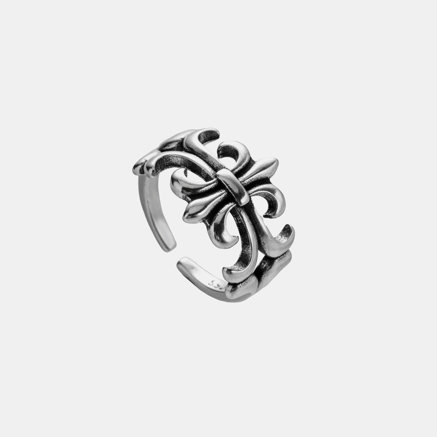 Gothic Bloom Cross Ring (Open Cuff) - Silver