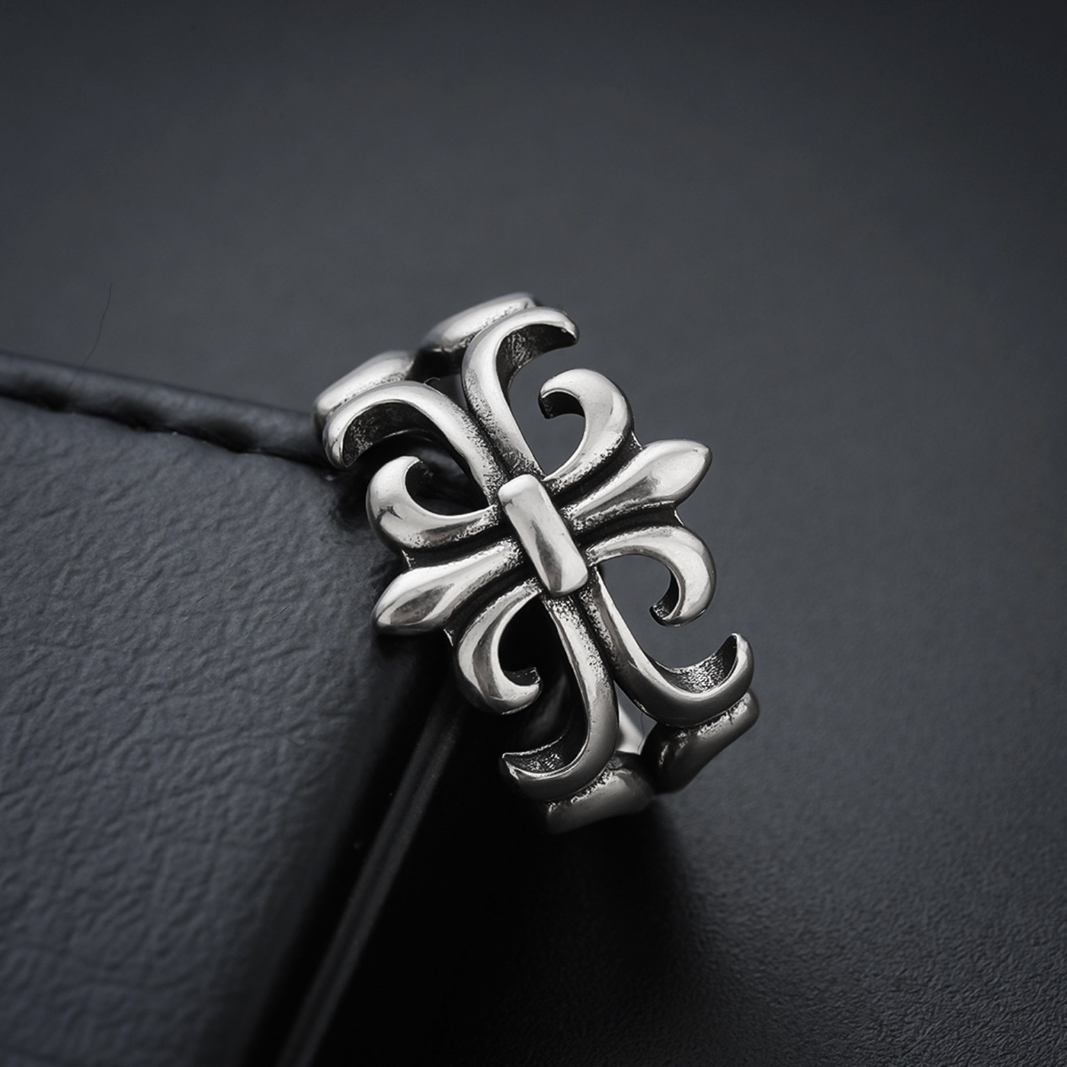 Gothic Bloom Cross Ring (Open Cuff) - Silver