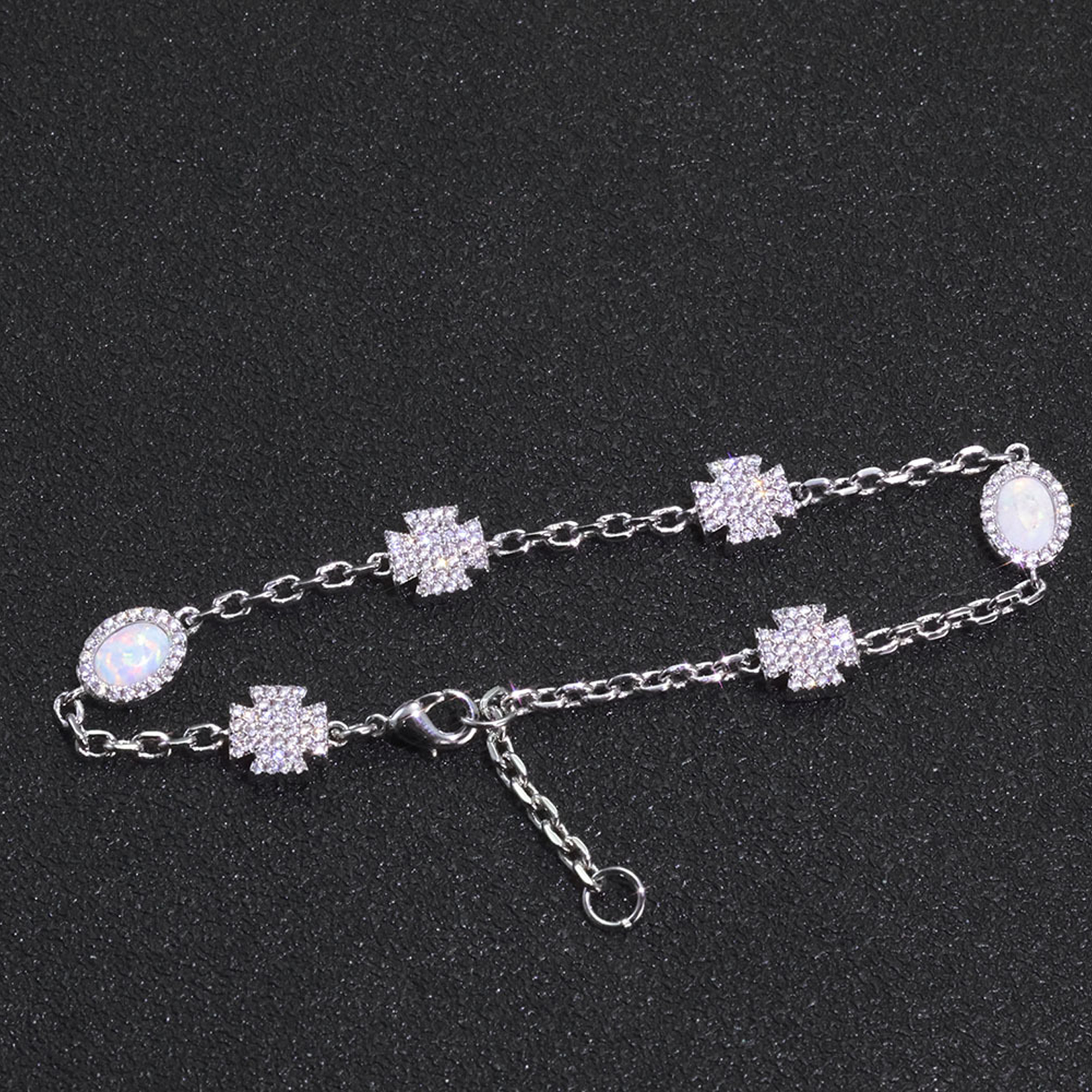 Cross Halo Pearl Link Bracelet - White Gold
