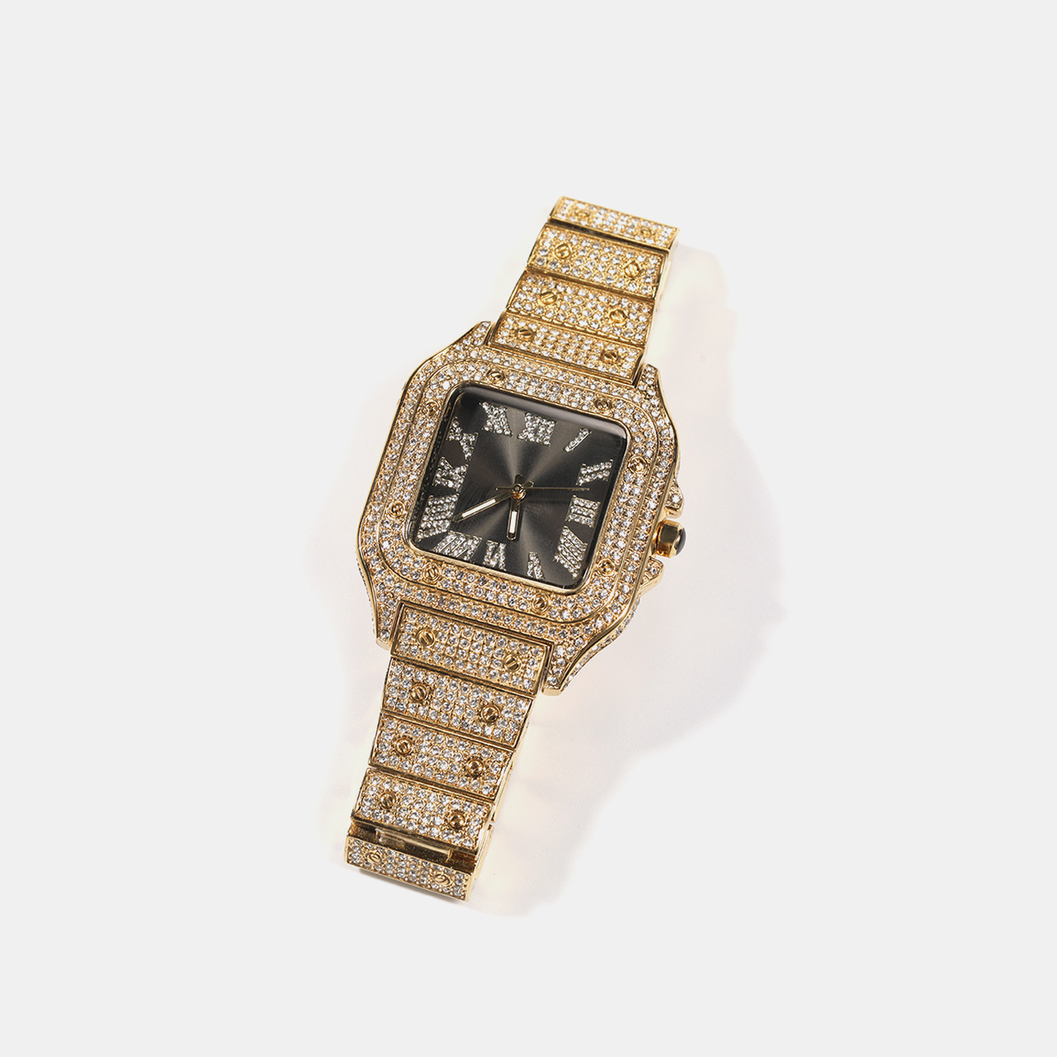 Iced Roman Numeral Square Quartz Watch - Gold Black