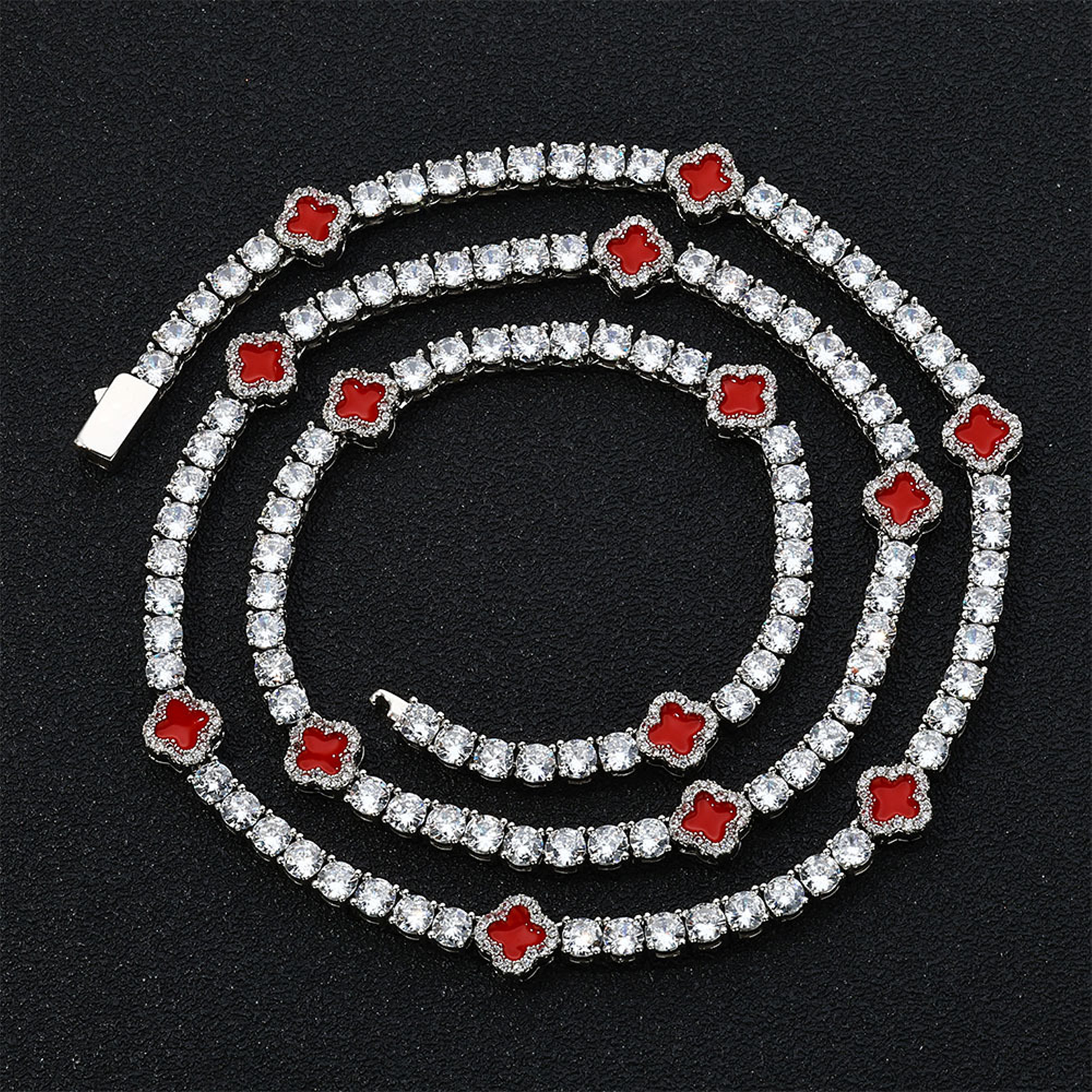8mm Clover Tennis Link Chain - Red & White Gold