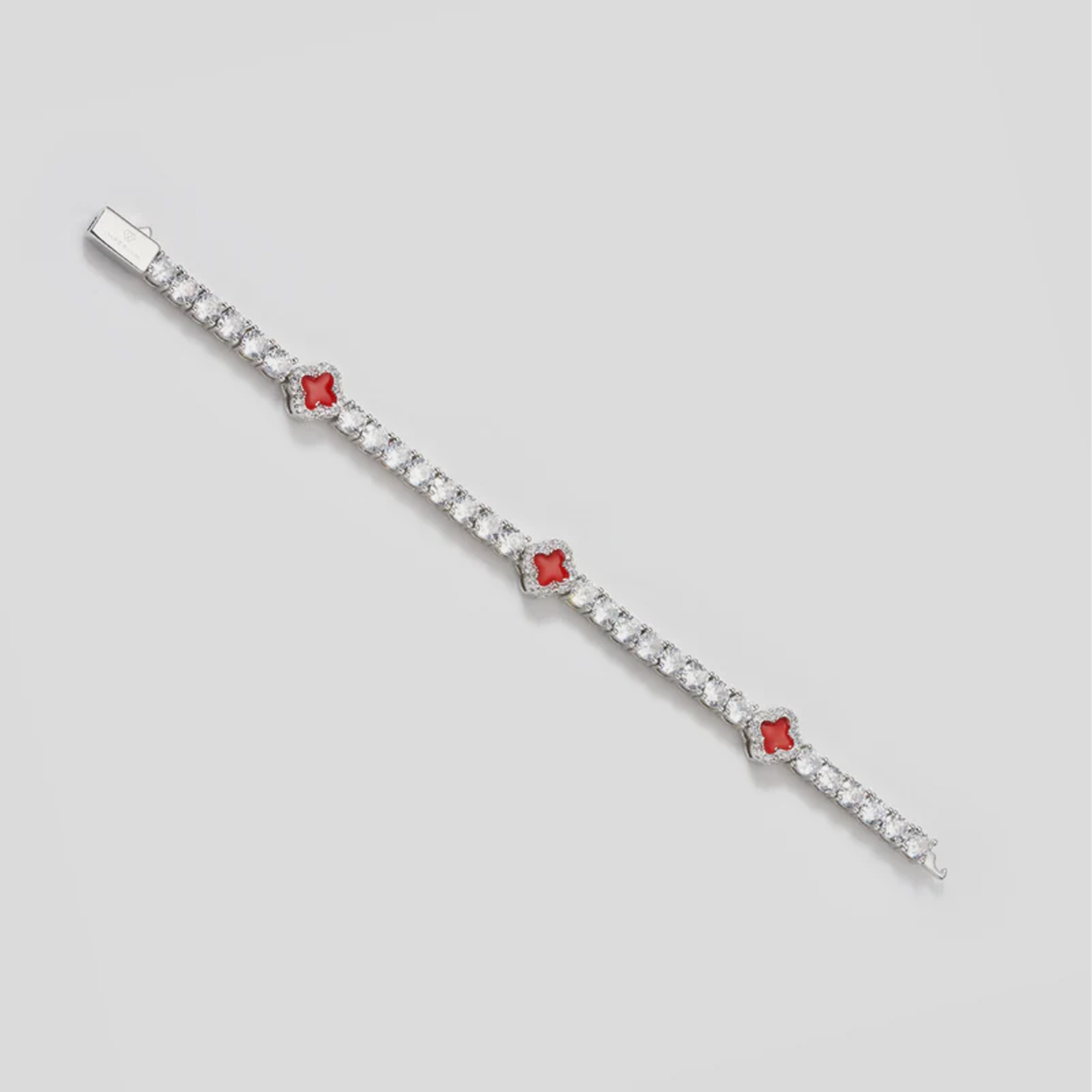 8mm Clover Tennis Link Bracelet - Red & White Gold