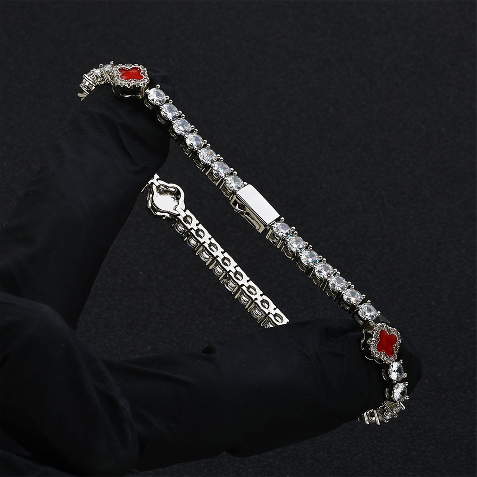 8mm Clover Tennis Link Bracelet - Red & White Gold