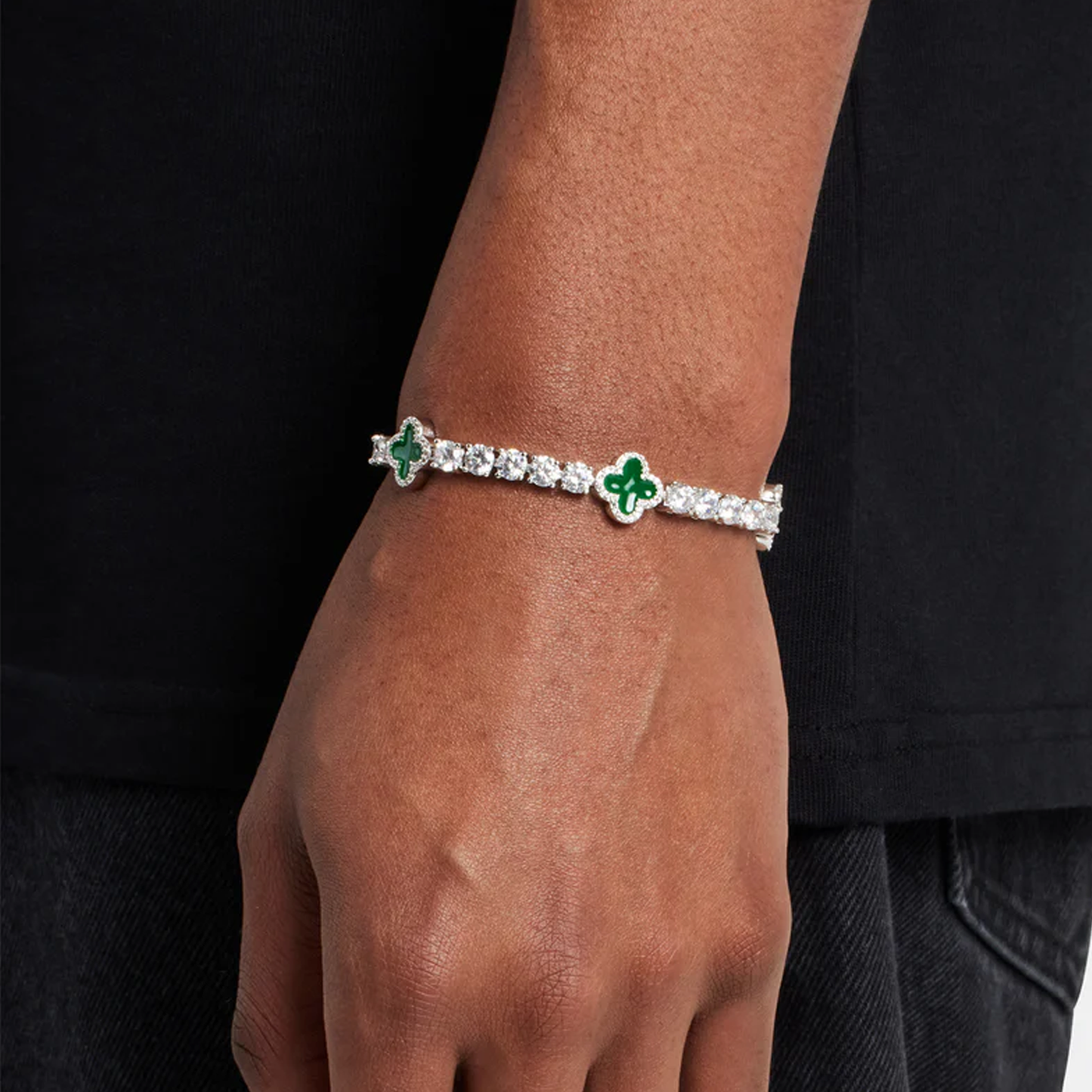 8mm Clover Tennis Link Bracelet - Green & White Gold