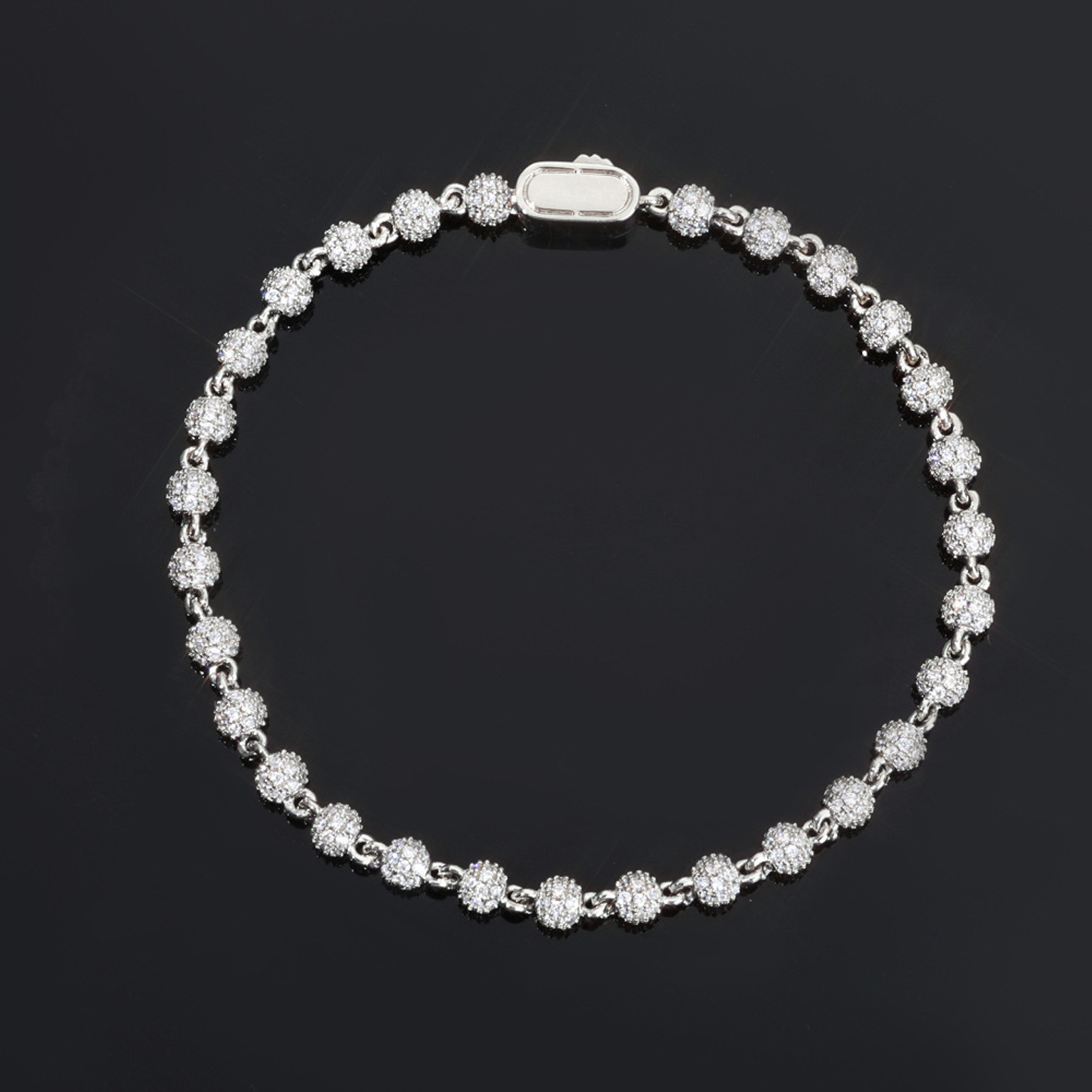 4mm Iced Round Tennis Bead Link Bracelet - White Gold