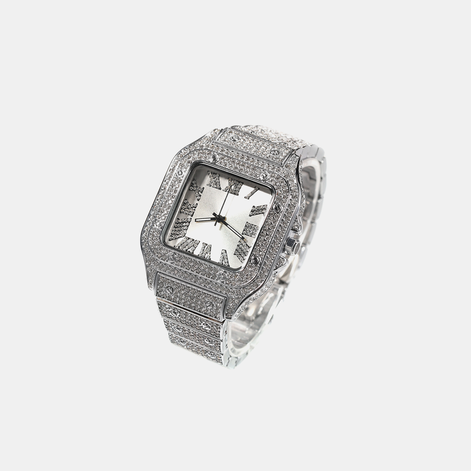 Iced Roman Numeral Square Quartz Watch - White Gold