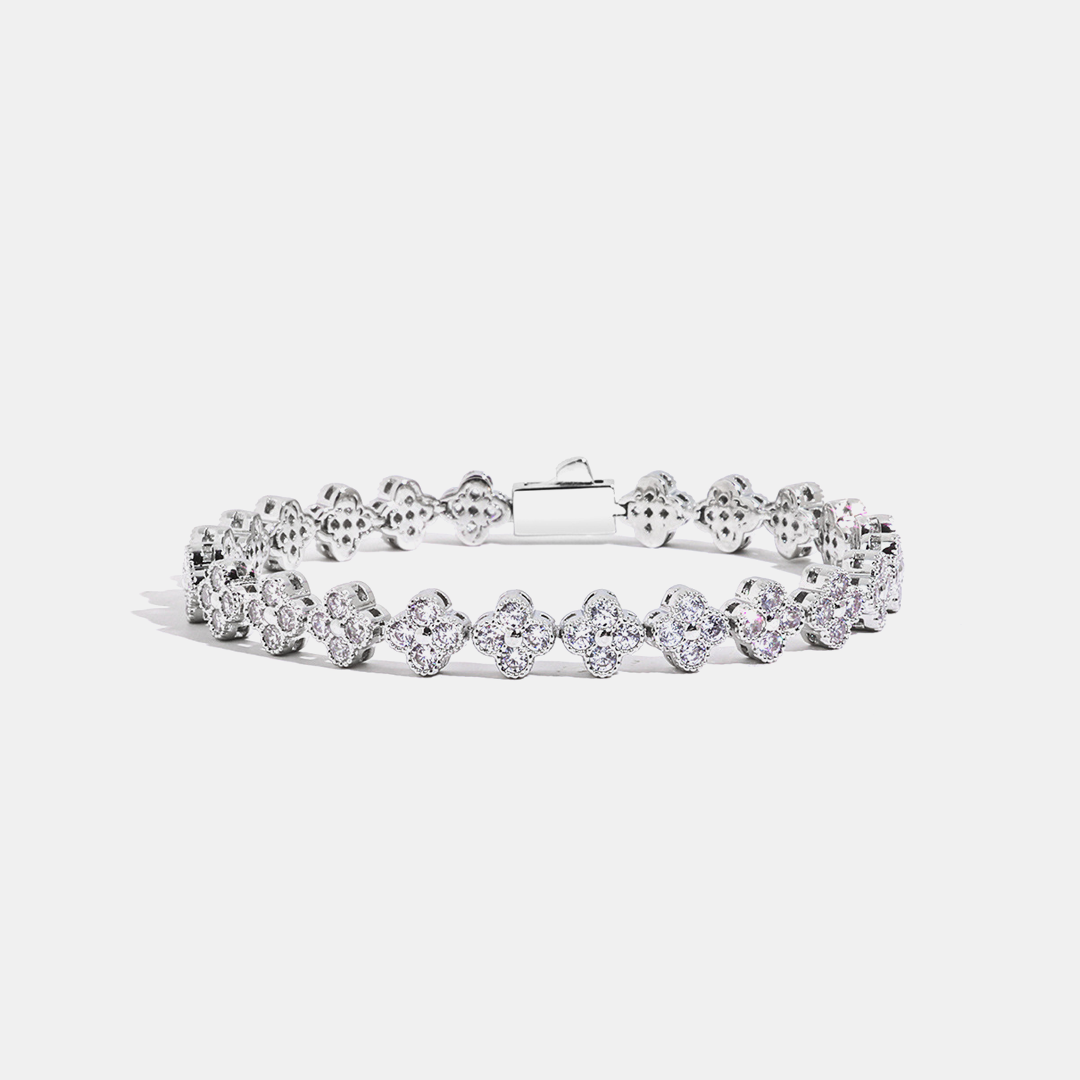7mm Iced Clover Tennis Link Bracelet - White Gold