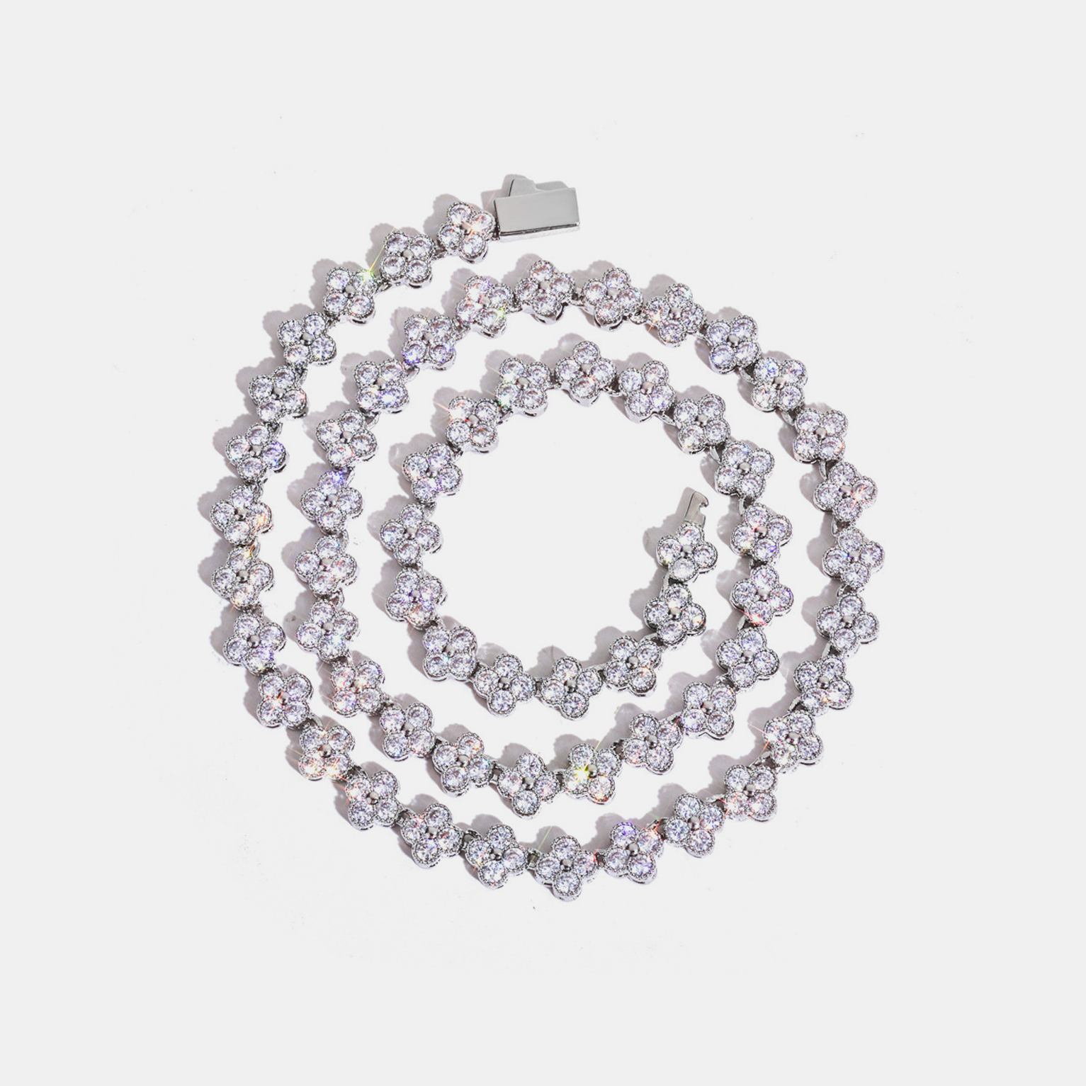 7mm Iced Clover Tennis Link Chain - White Gold