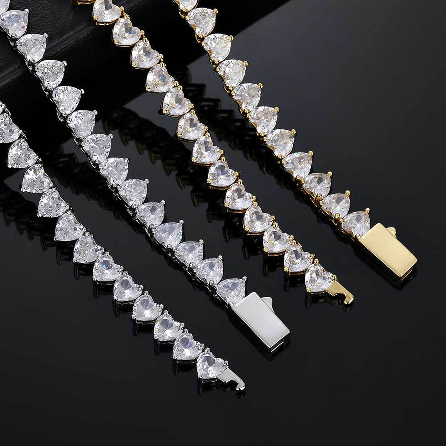 6mm Iced Heart Tennis Link Bracelet - White Gold