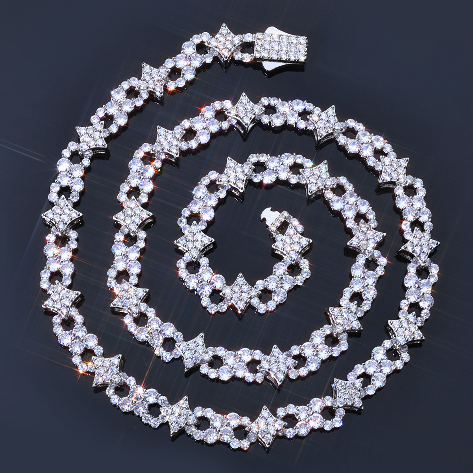 12mm Iced Star Loop Link Chain - White Gold