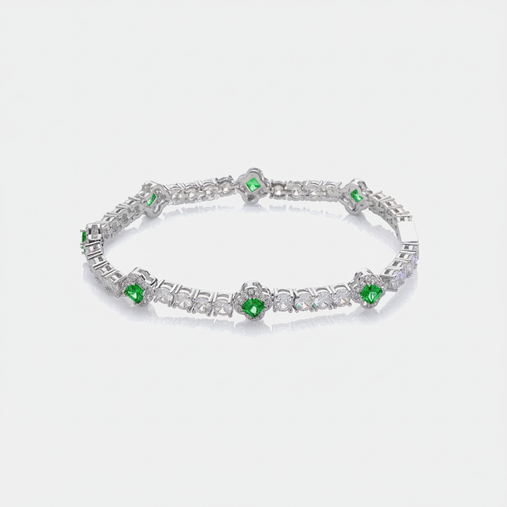 Iced Aurora Clover Tennis Link Bracelet - Green Gold