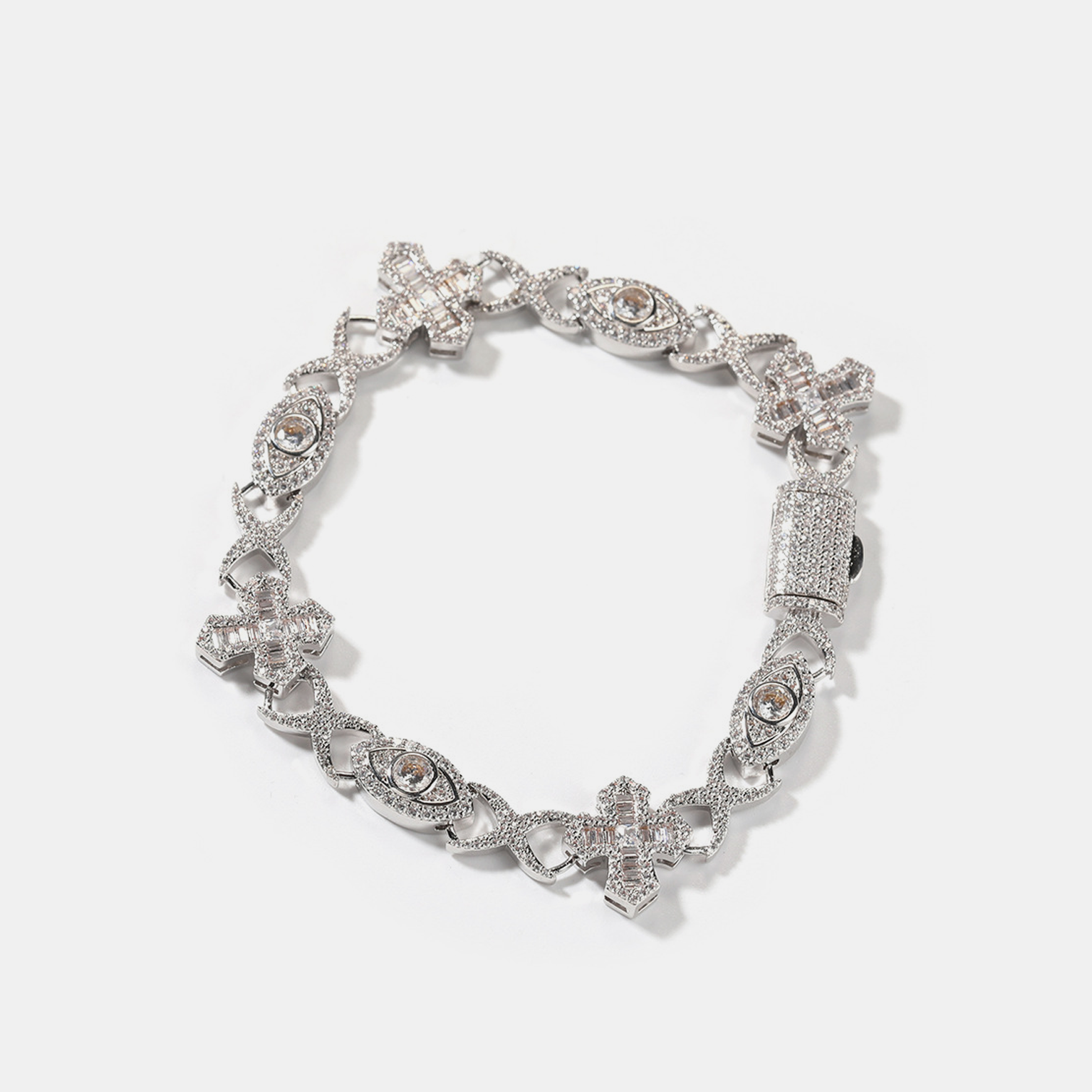 Evil Eye Cross Link Bracelet - White Gold