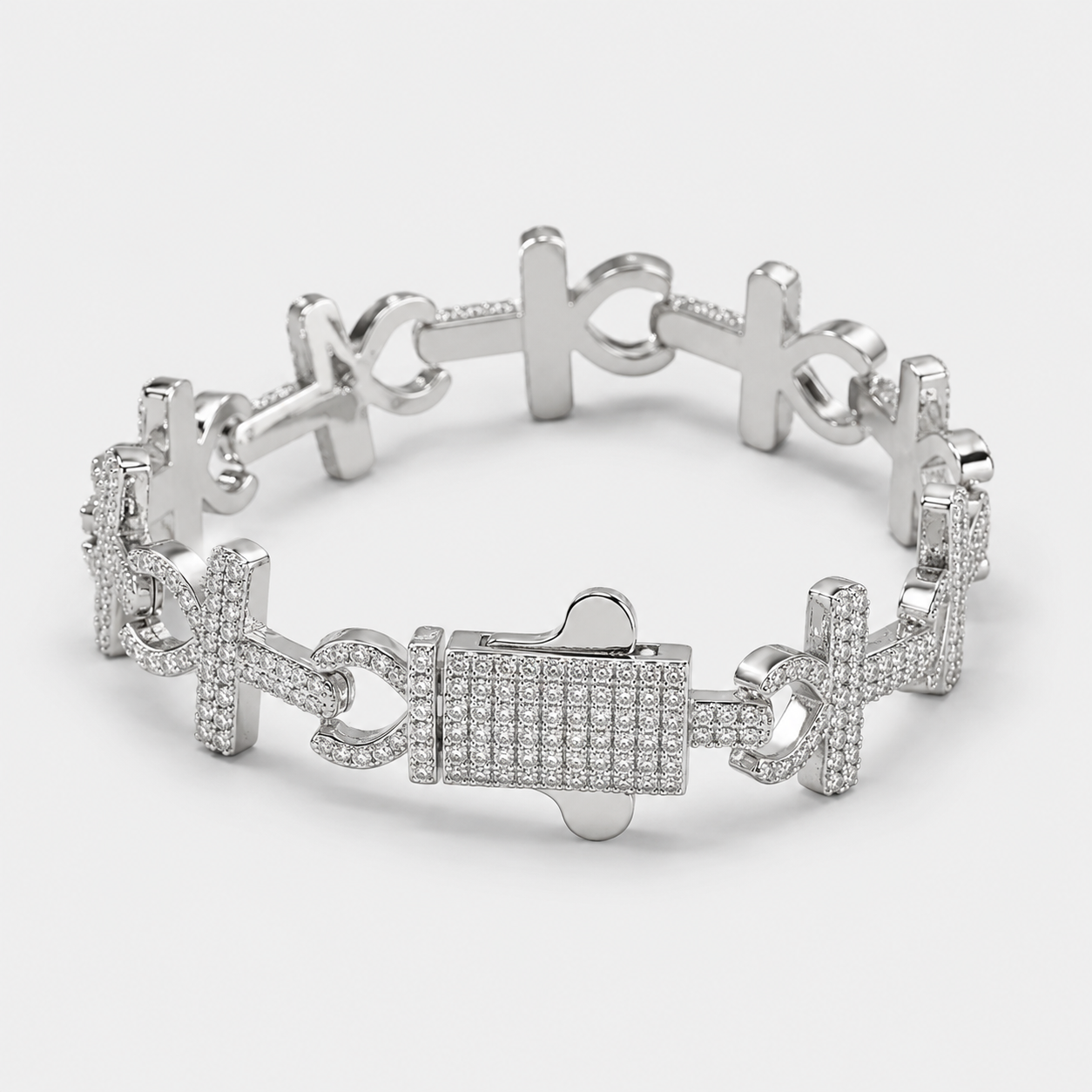 15mm Iced Ankh Cross Bracelet - White Gold