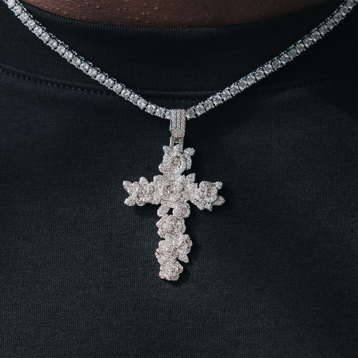 Diamond Rose Cross Pendant - White Gold