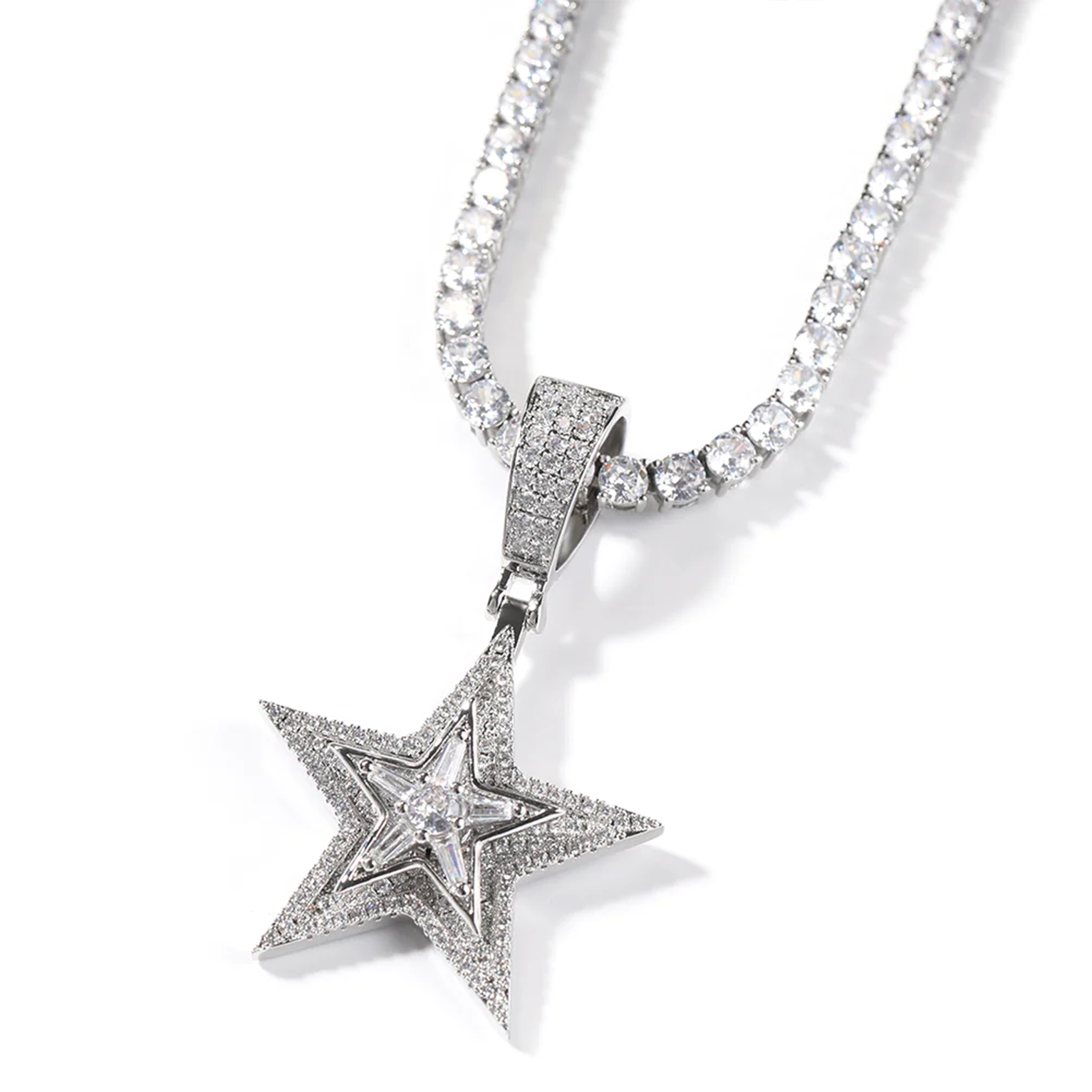 Iced Rotating Pentagram Cz Pendant - White Gold