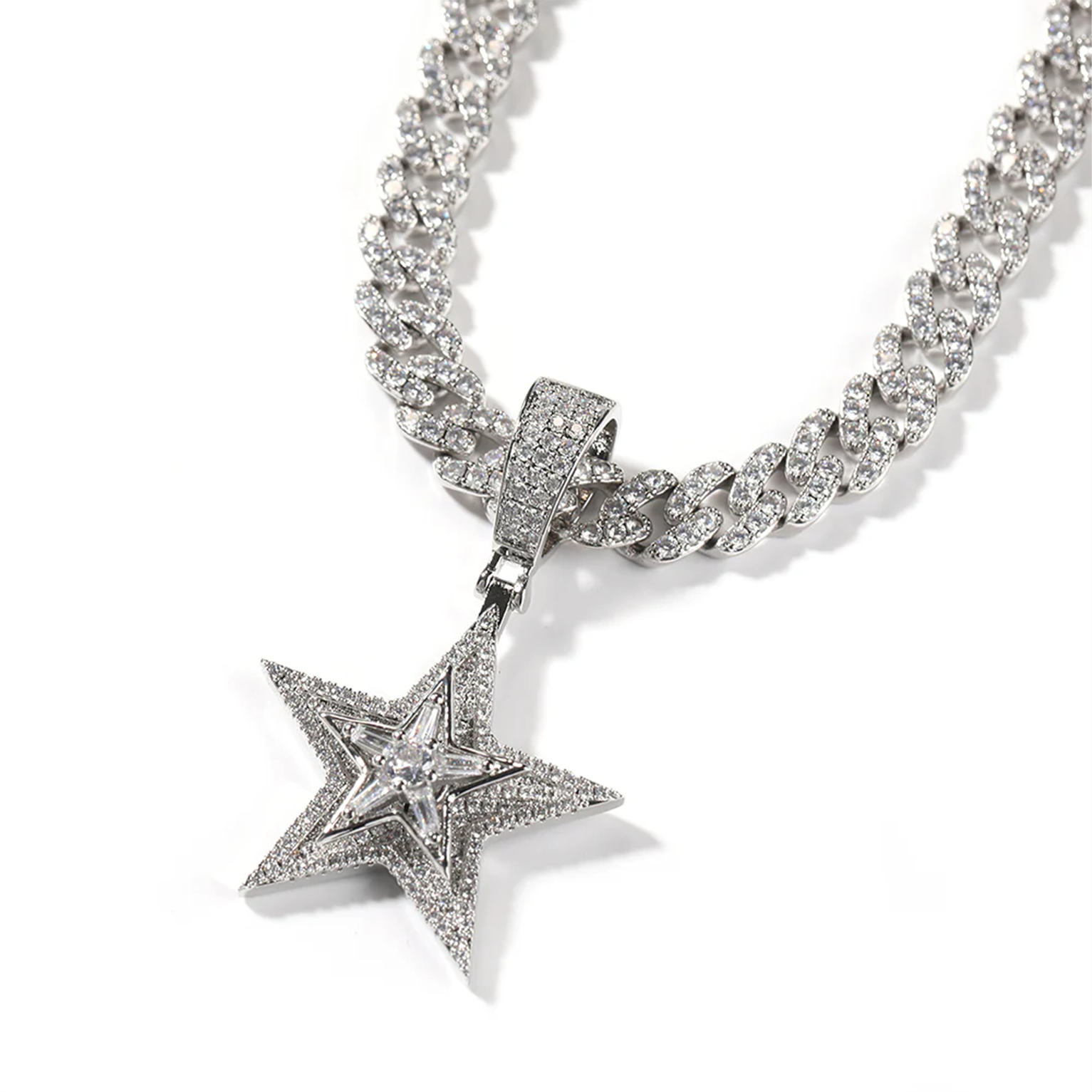 Iced Rotating Pentagram Cz Pendant - White Gold