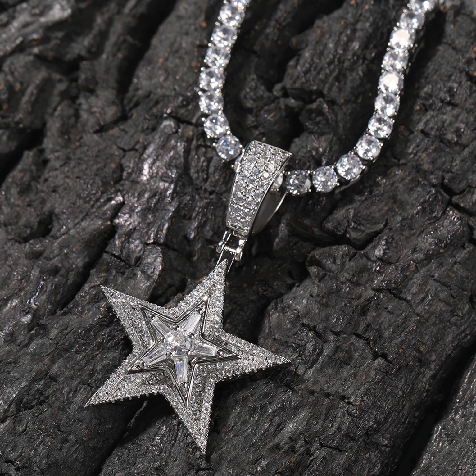 Iced Rotating Pentagram Cz Pendant - White Gold