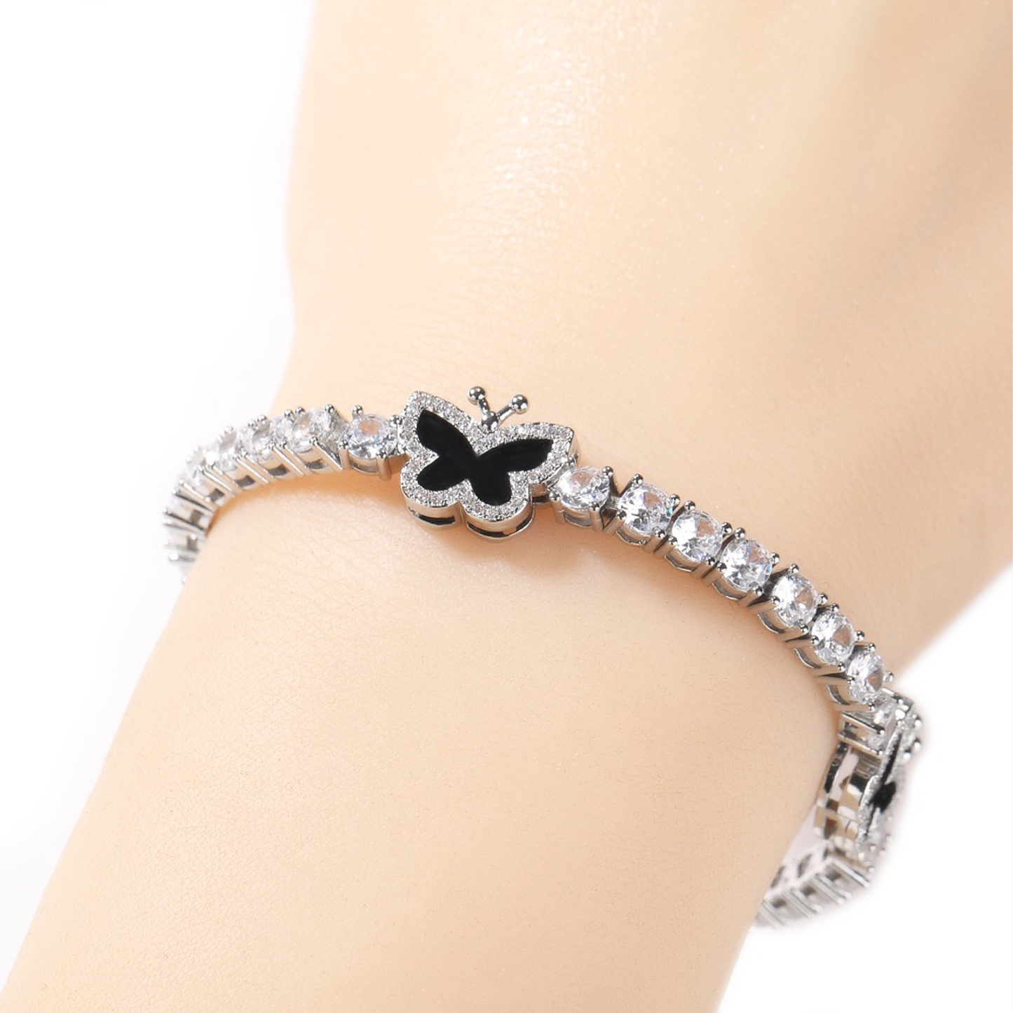 8mm Butterfly Tennis Link Bracelet - White Gold