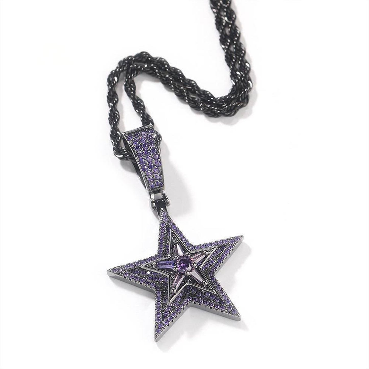 Iced Rotating Pentagram Cz Pendant - Black Gold