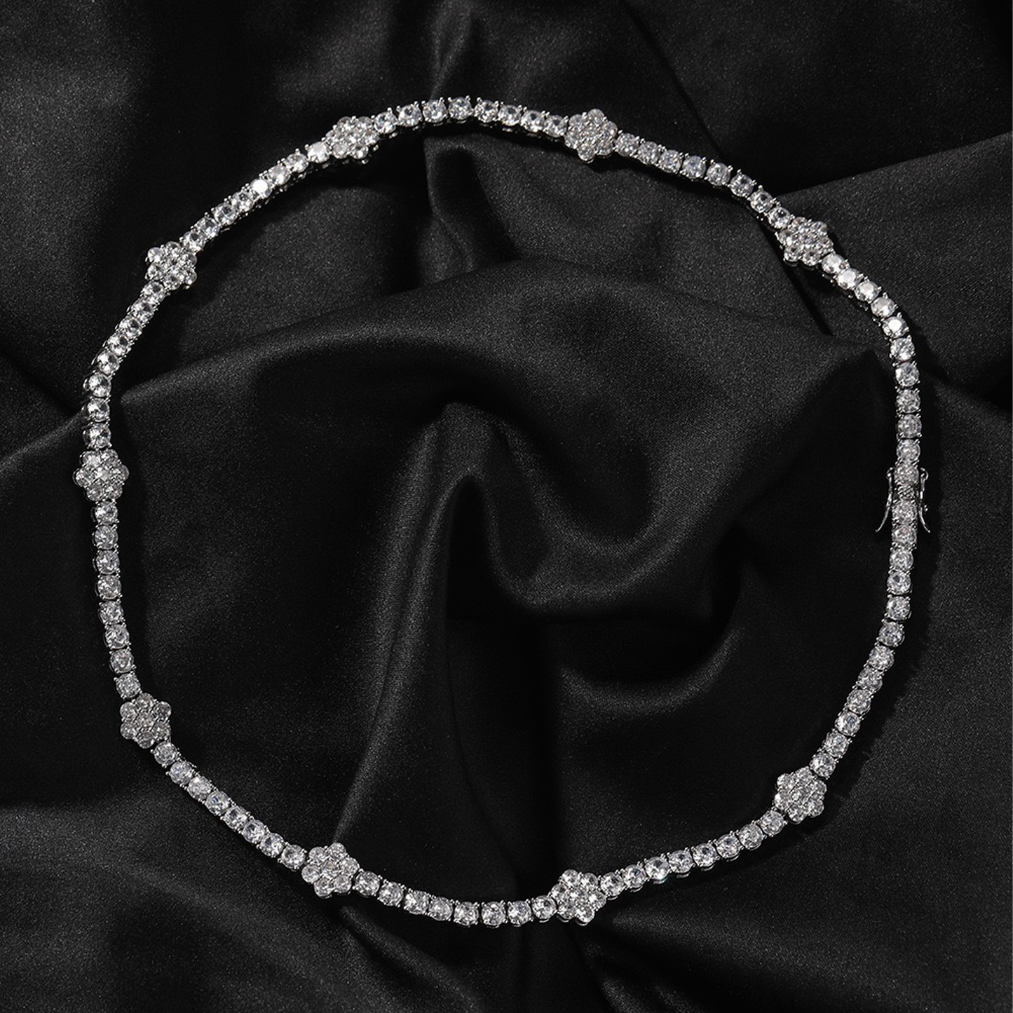 Iced Flower Tennis Link Chain - White Gold