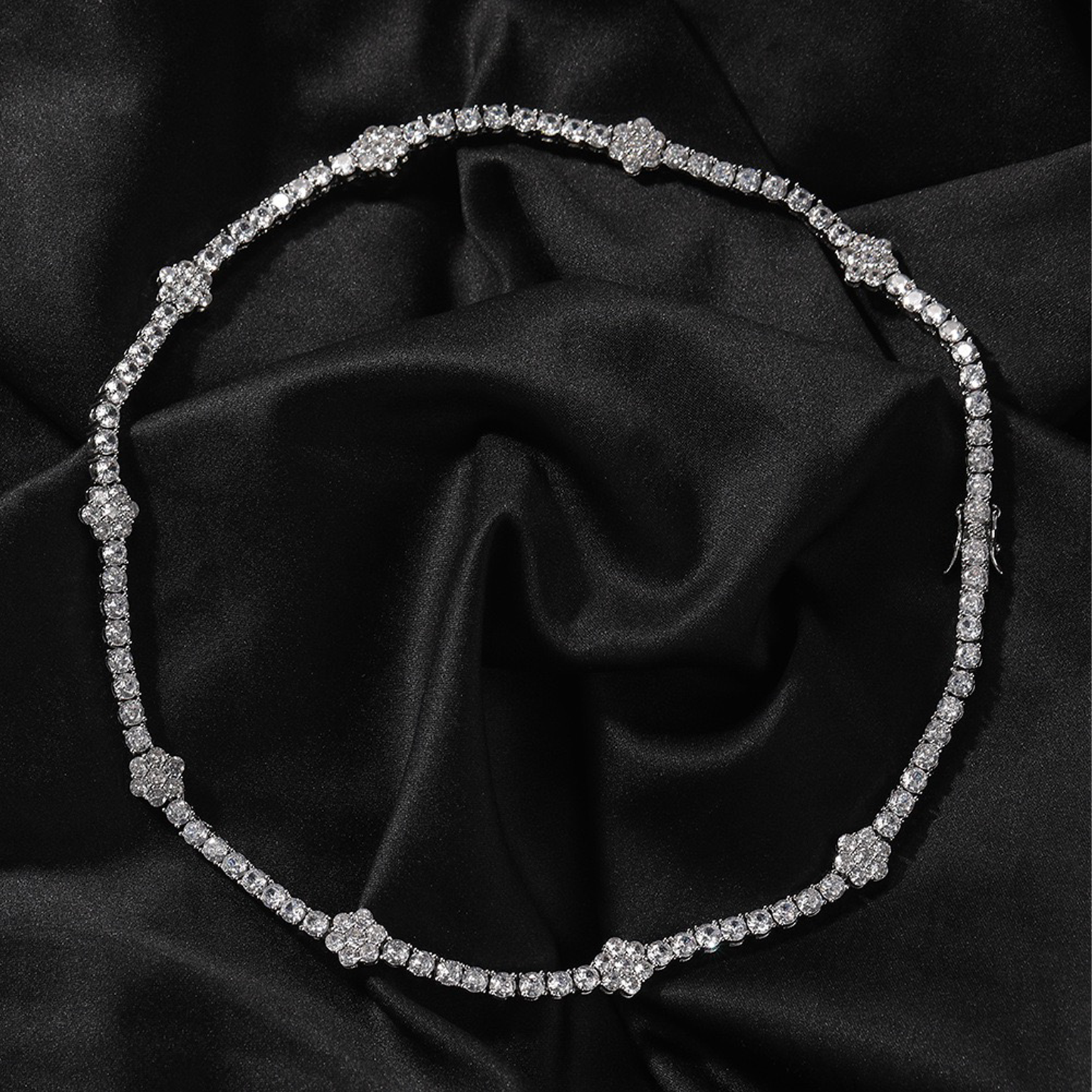 Iced Flower Tennis Link Chain - White Gold