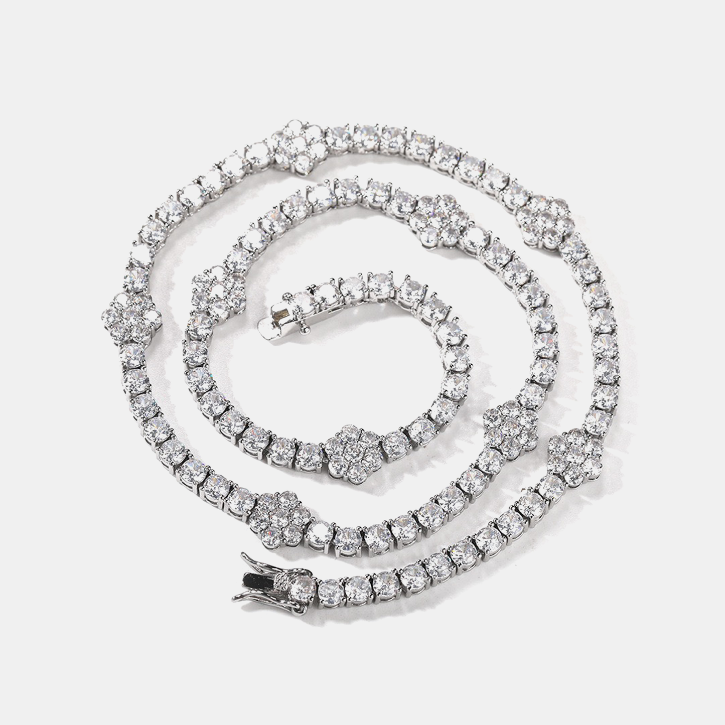Iced Flower Tennis Link Chain - White Gold