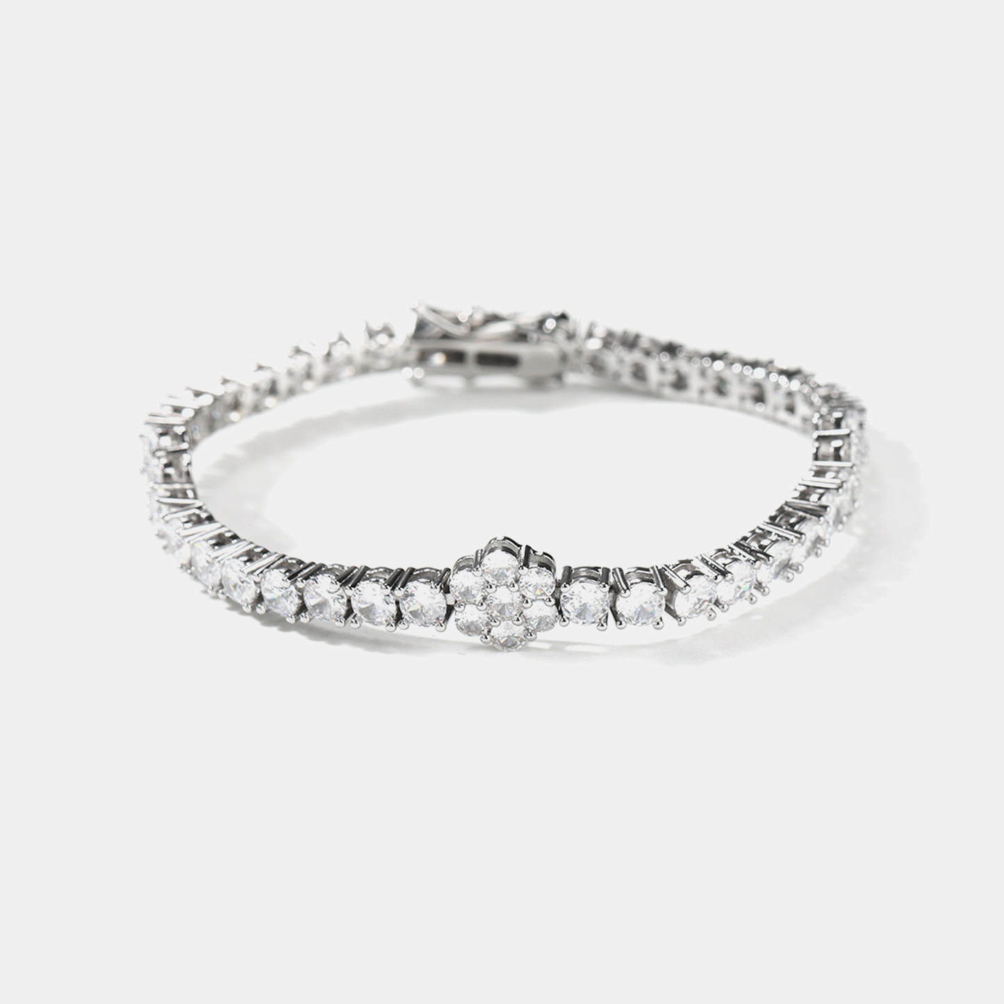 Iced Flower Tennis Link Bracelet - White Gold