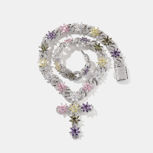 Frosted Petal Cross Chain - White Gold