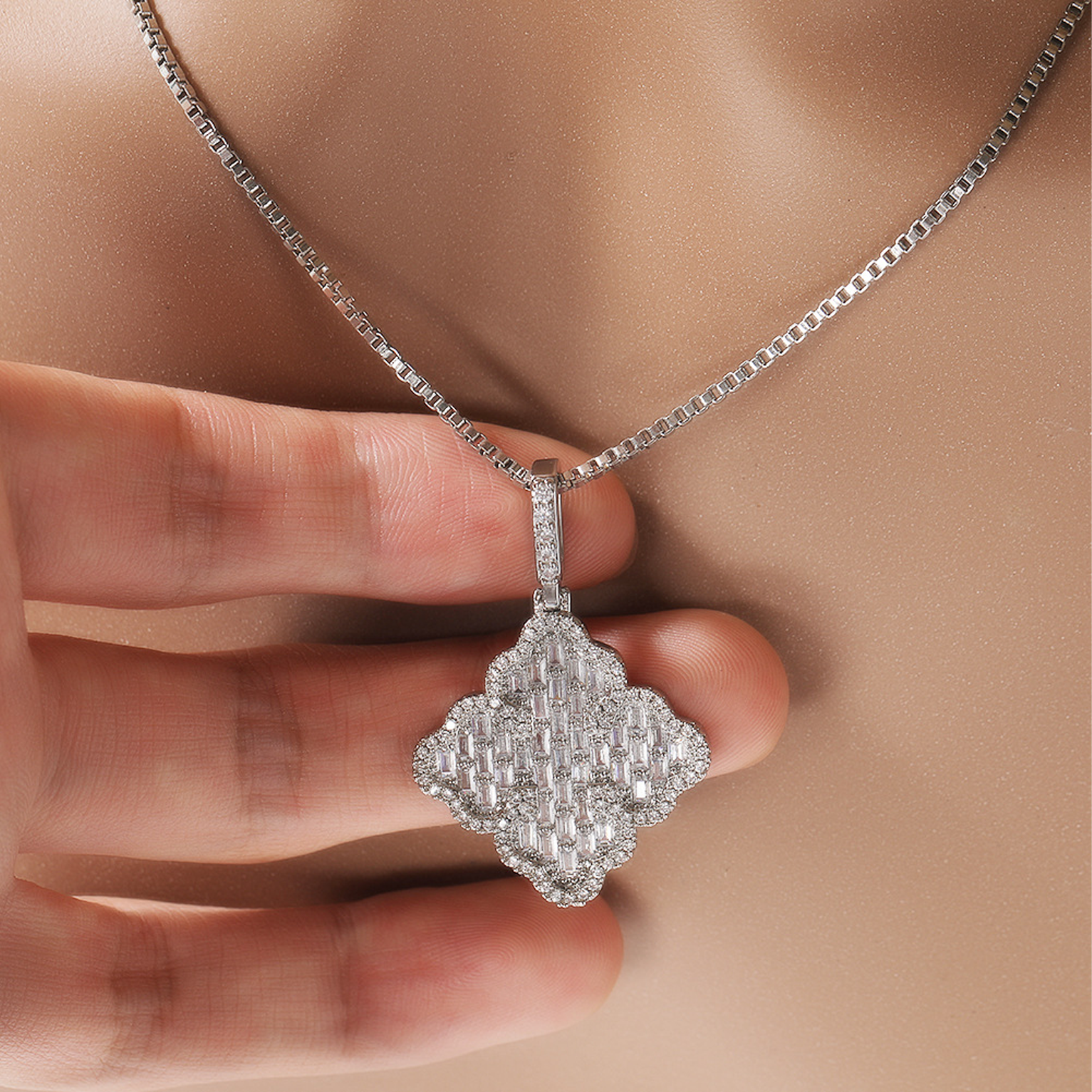 Iced Clover Pendant - White Gold