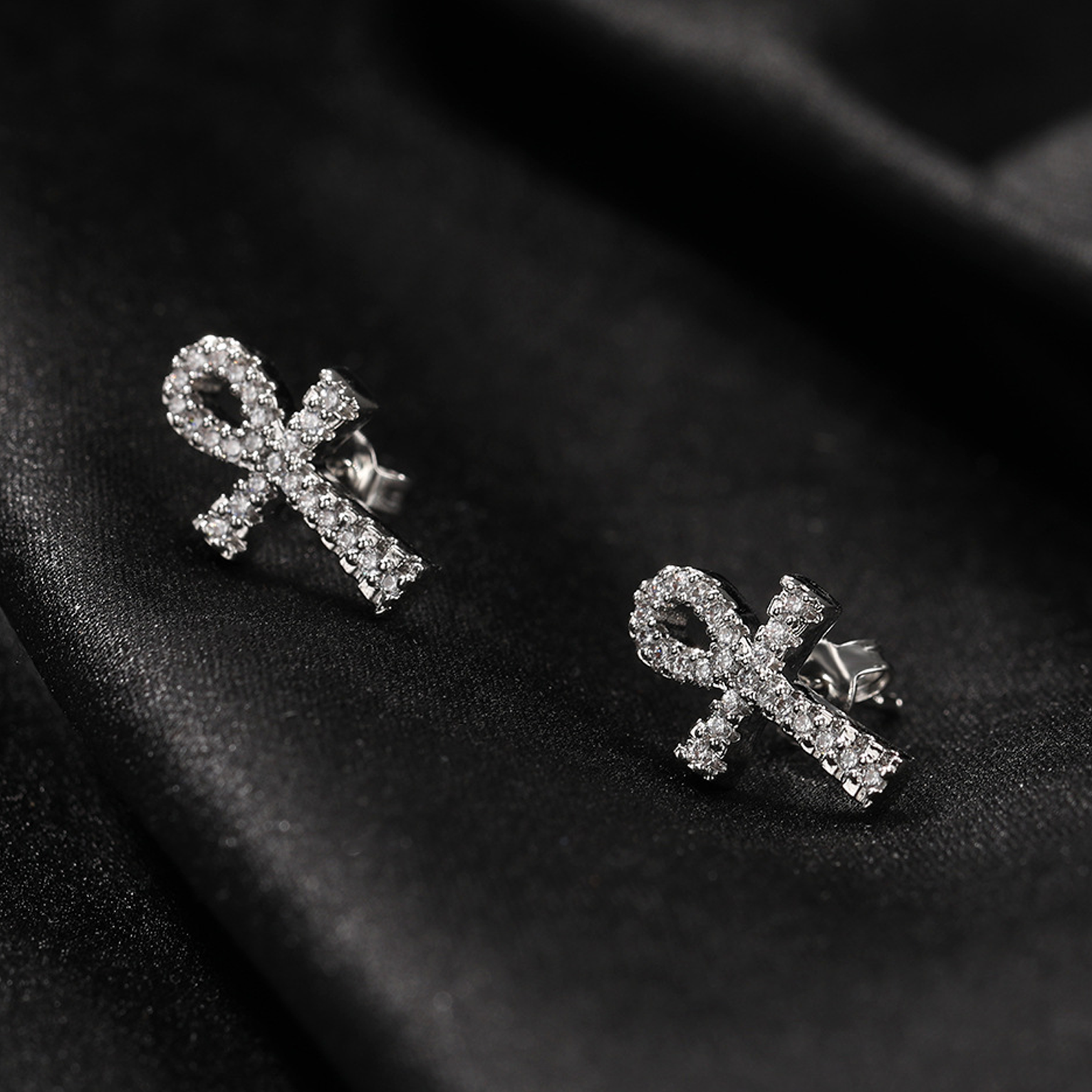Iced Ankh Earrings - White Gold