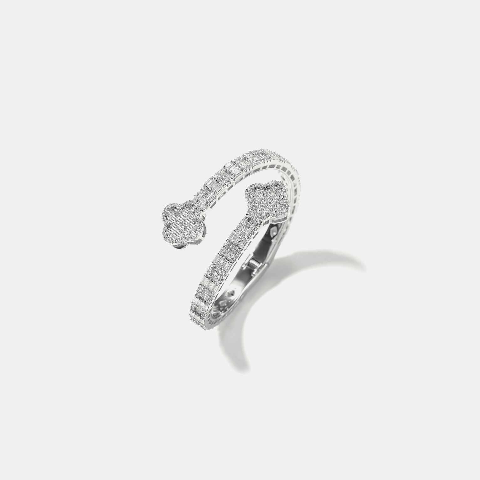 Iced Clover Baguette Bangle - White Gold