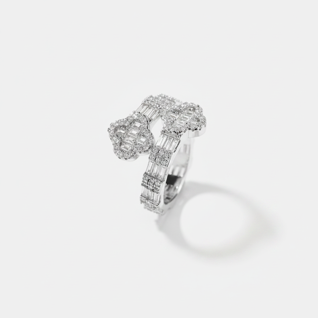 Iced Clover Baguette Ring - White Gold