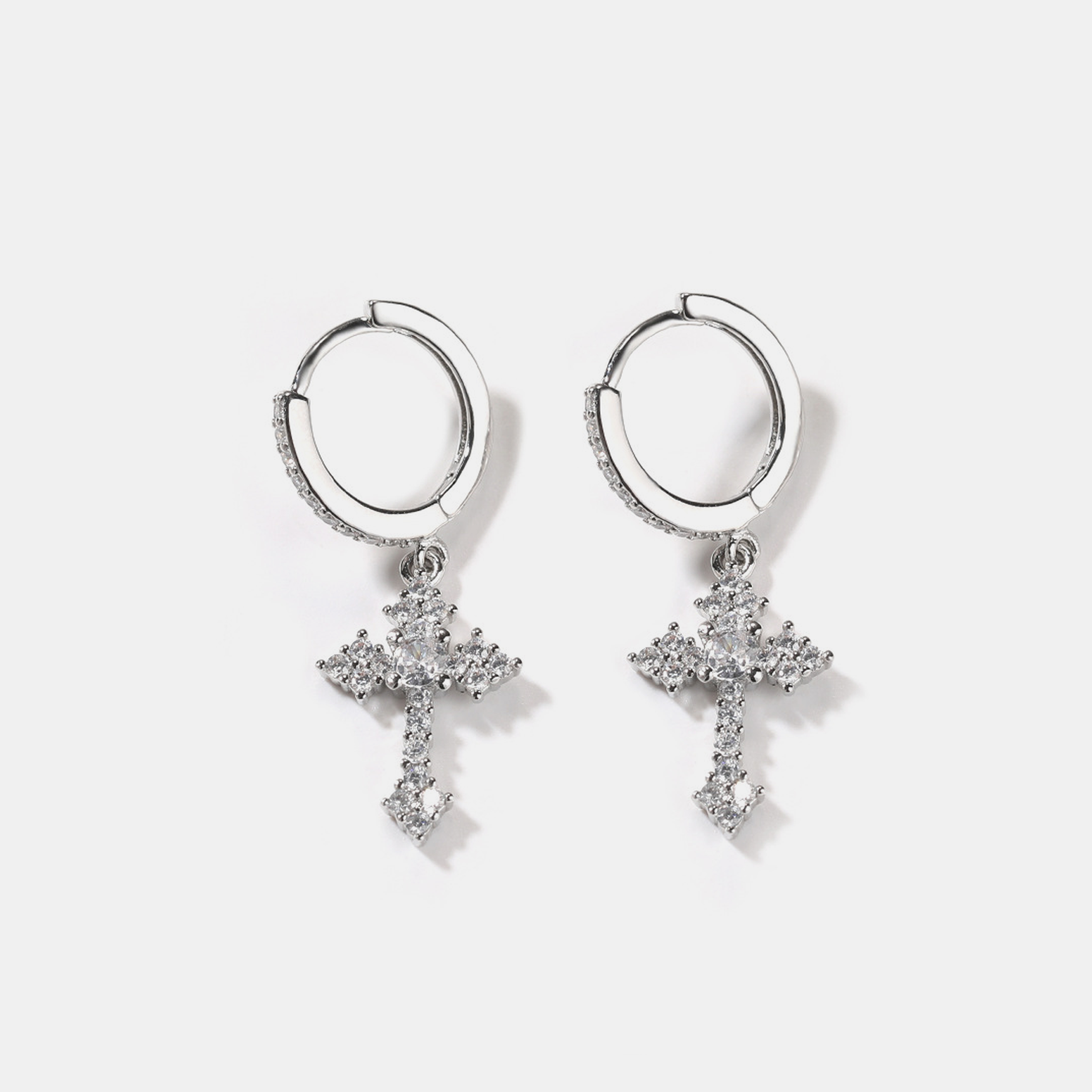 Iced Cross Earrings - White Gold