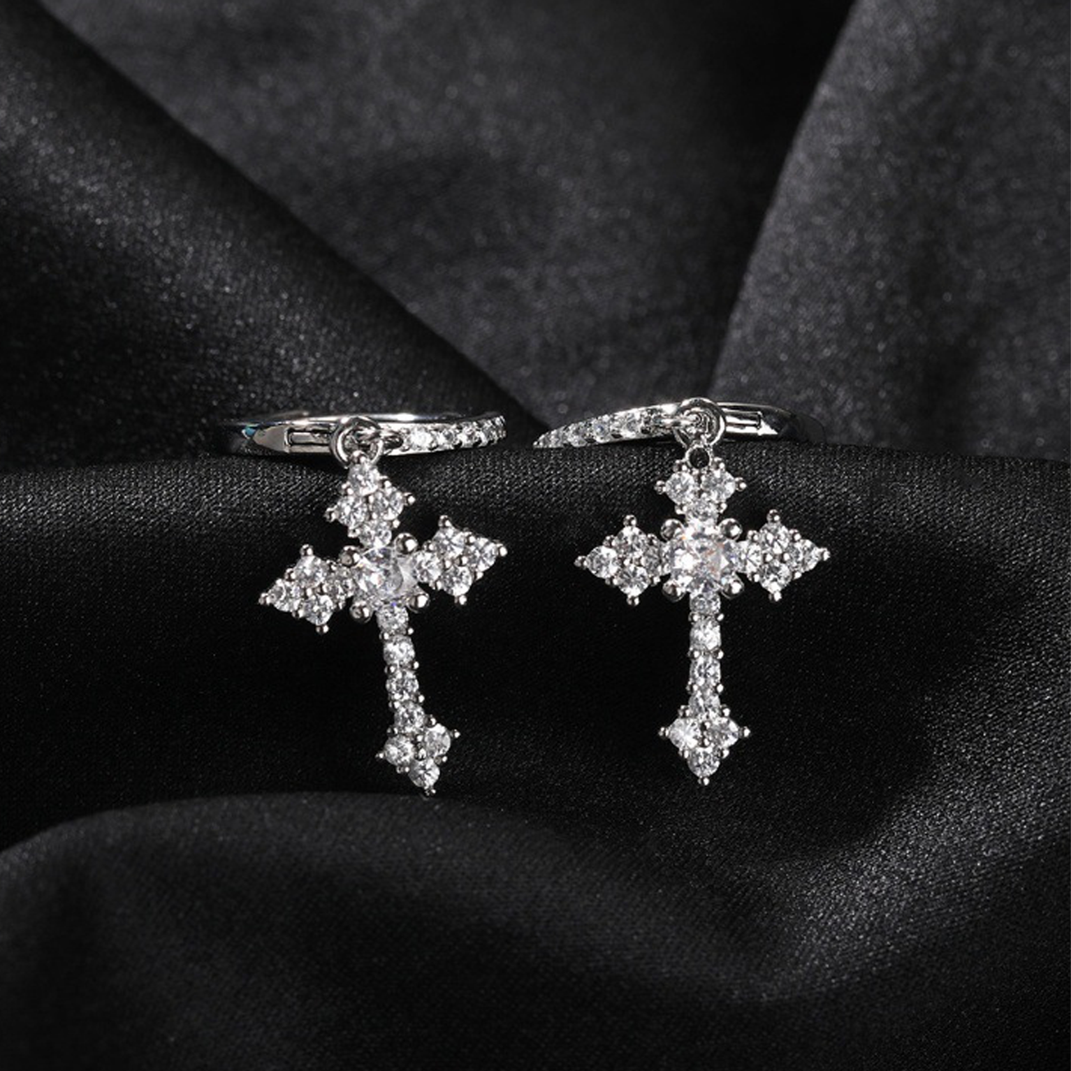 Iced Cross Earrings - White Gold